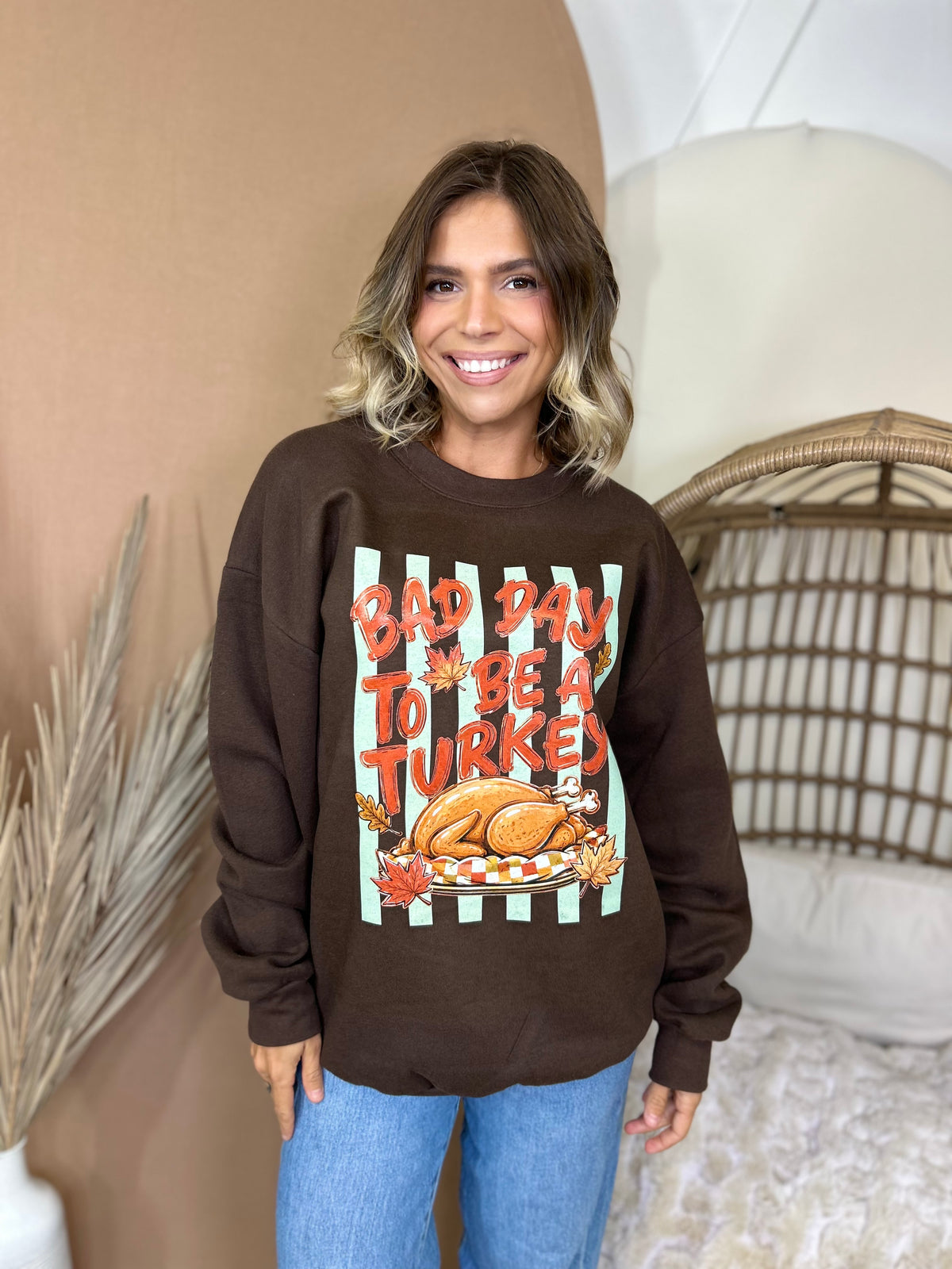 Bad Day to be a Turkey Graphic Sweatshirt-130 Graphic Tees-Heathered Boho-Heathered Boho Boutique, Women's Fashion and Accessories in Palmetto, FL