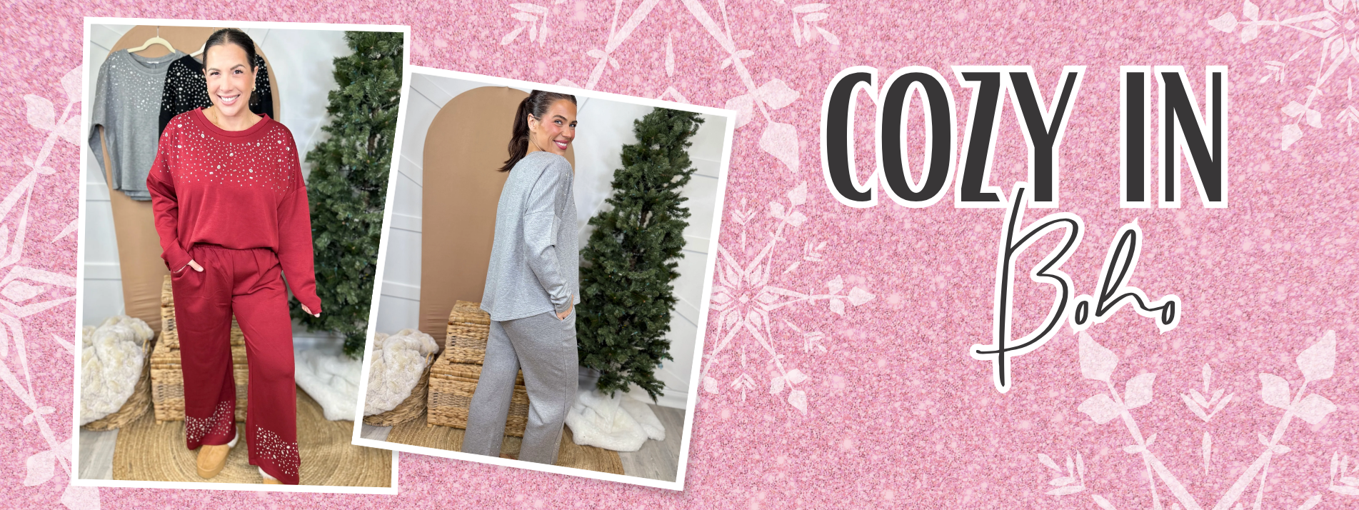Two people wearing red and gray outfits with text 'Cozy in Boho' on a pink background. | Heathered Boho Boutique | Palmetto, FL