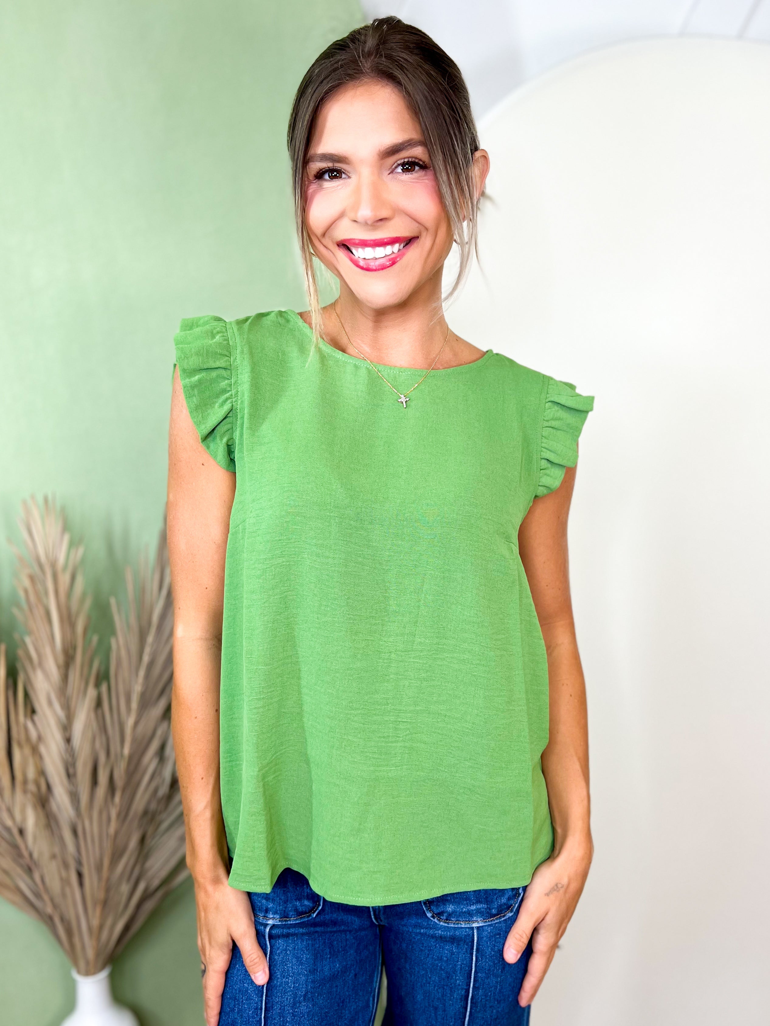 Ruffle Cap Sleeve Blouse-110 SHORT SLEEVE TOP-TIMING-Heathered Boho Boutique, Women's Fashion and Accessories in Palmetto, FL