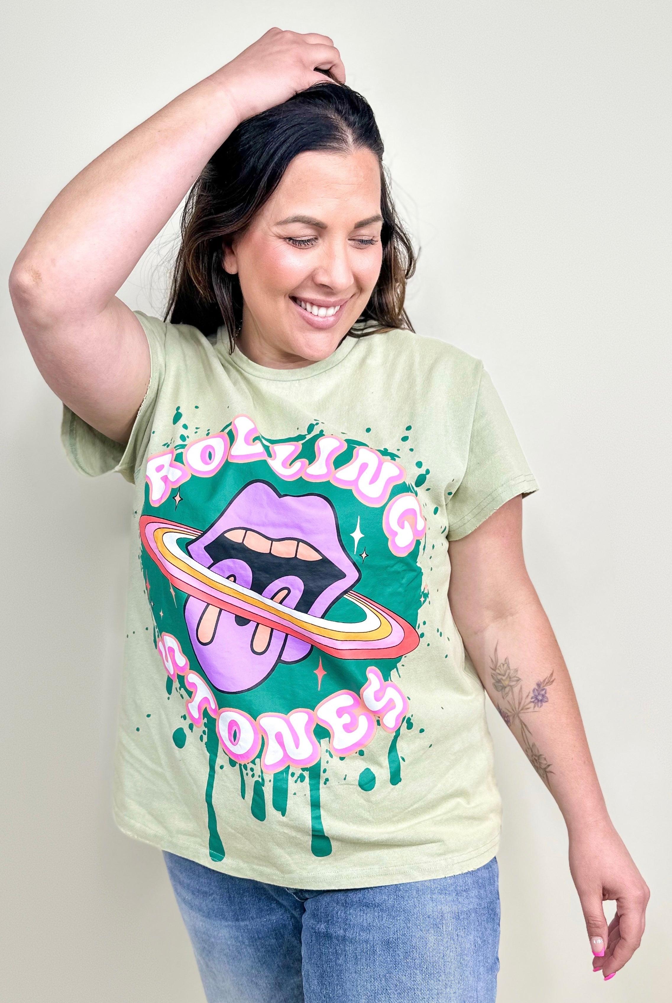 Paint Drip Rolling Stones Graphic Tee-130 Graphic Tees-Fantastic Fawn-Heathered Boho Boutique, Women's Fashion and Accessories in Palmetto, FL