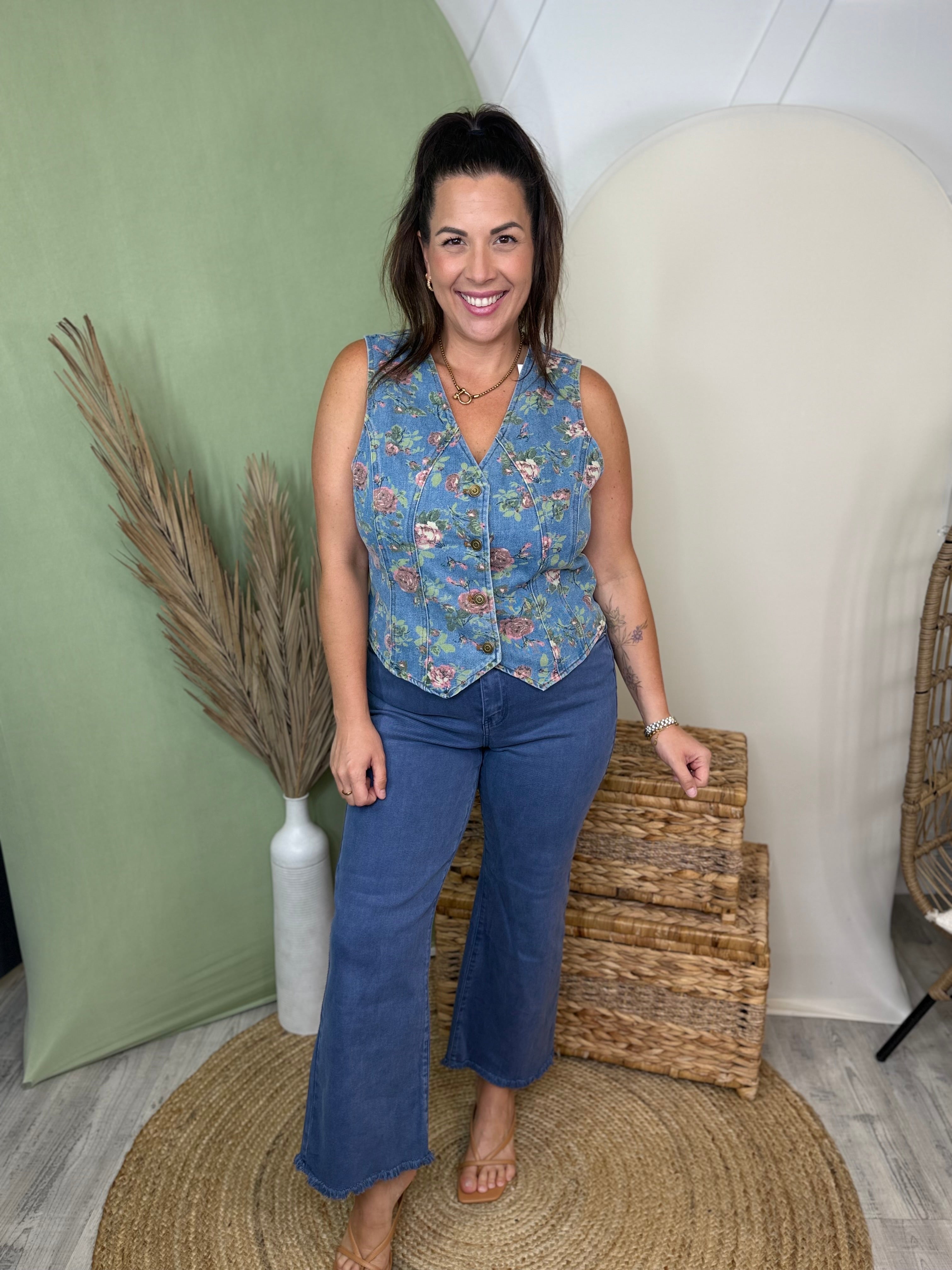 Wildflower Denim Vest-100 Tank/Crop Tops-DAVI & DANI-Heathered Boho Boutique, Women's Fashion and Accessories in Palmetto, FL