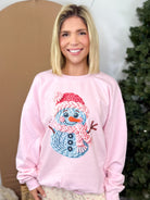 Crochet Snowman Graphic Sweatshirt - Light Pink-130 Graphic Tees-Heathered Boho-Heathered Boho Boutique, Women's Fashion and Accessories in Palmetto, FL