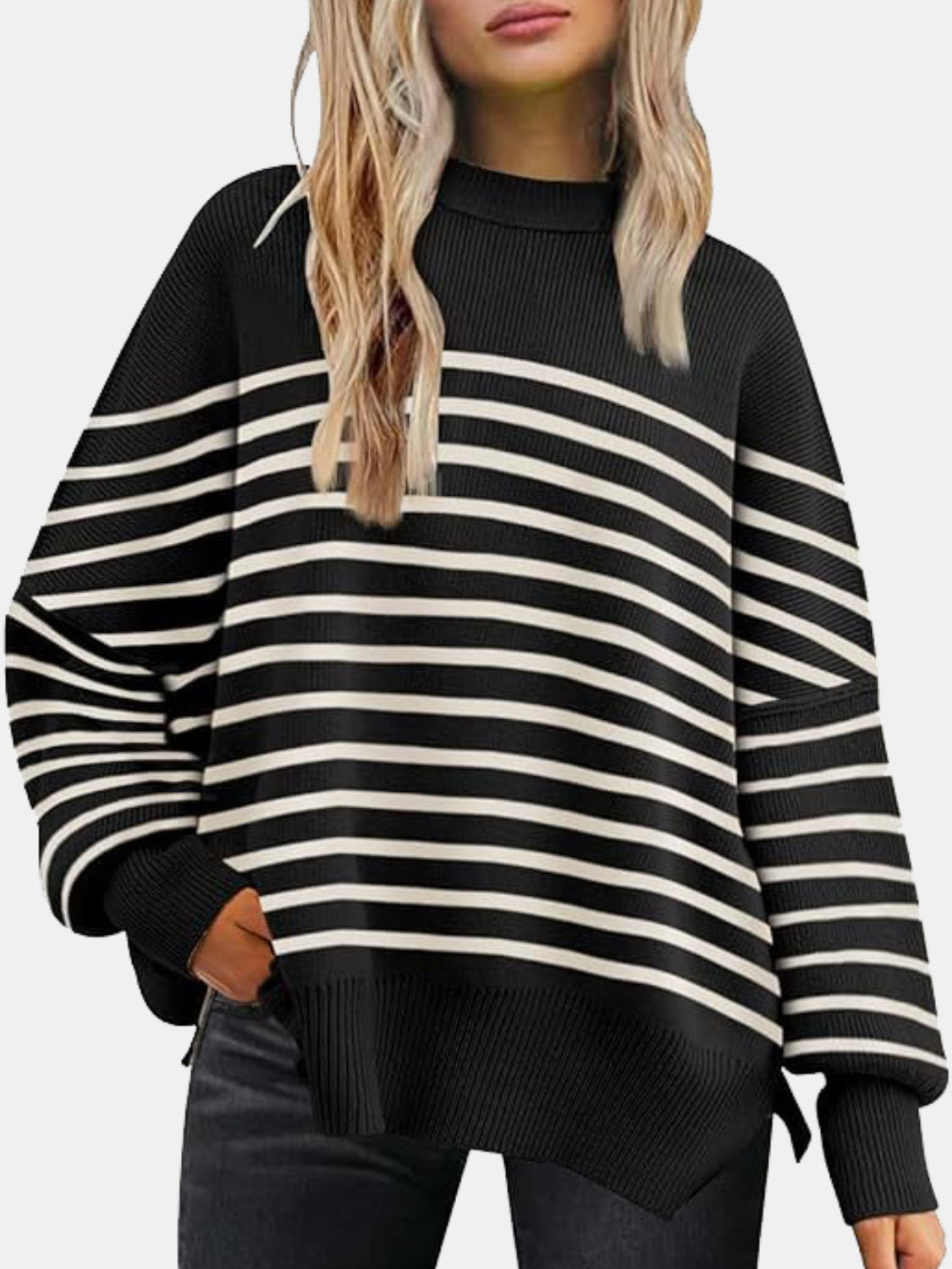 Round Neck Drop Shoulder Slit Sweater-Sweaters-Trendsi-Heathered Boho Boutique, Women's Fashion and Accessories in Palmetto, FL