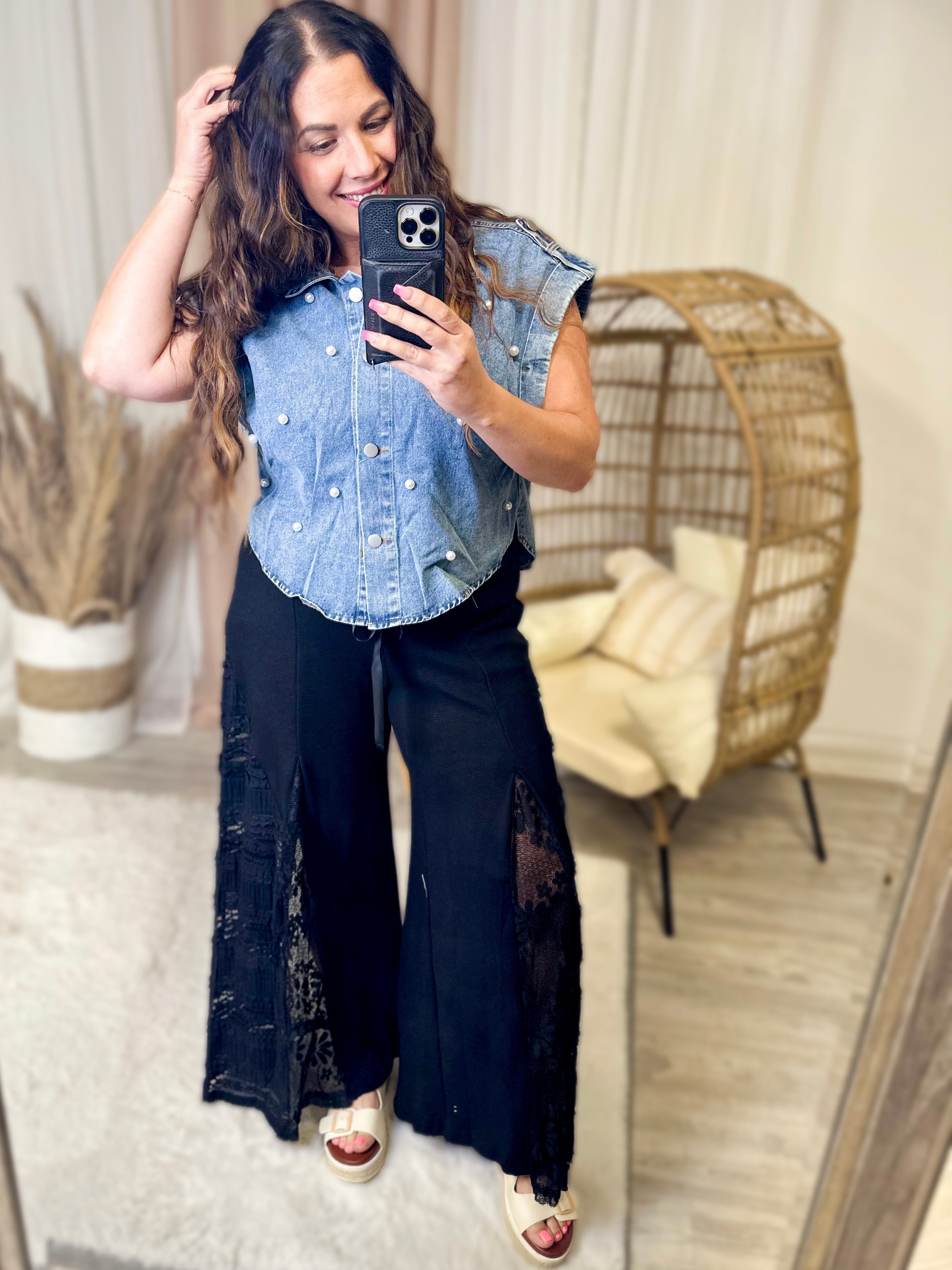 It's Britney Denim Top-Short Sleeves-Bibi-Heathered Boho Boutique, Women's Fashion and Accessories in Palmetto, FL