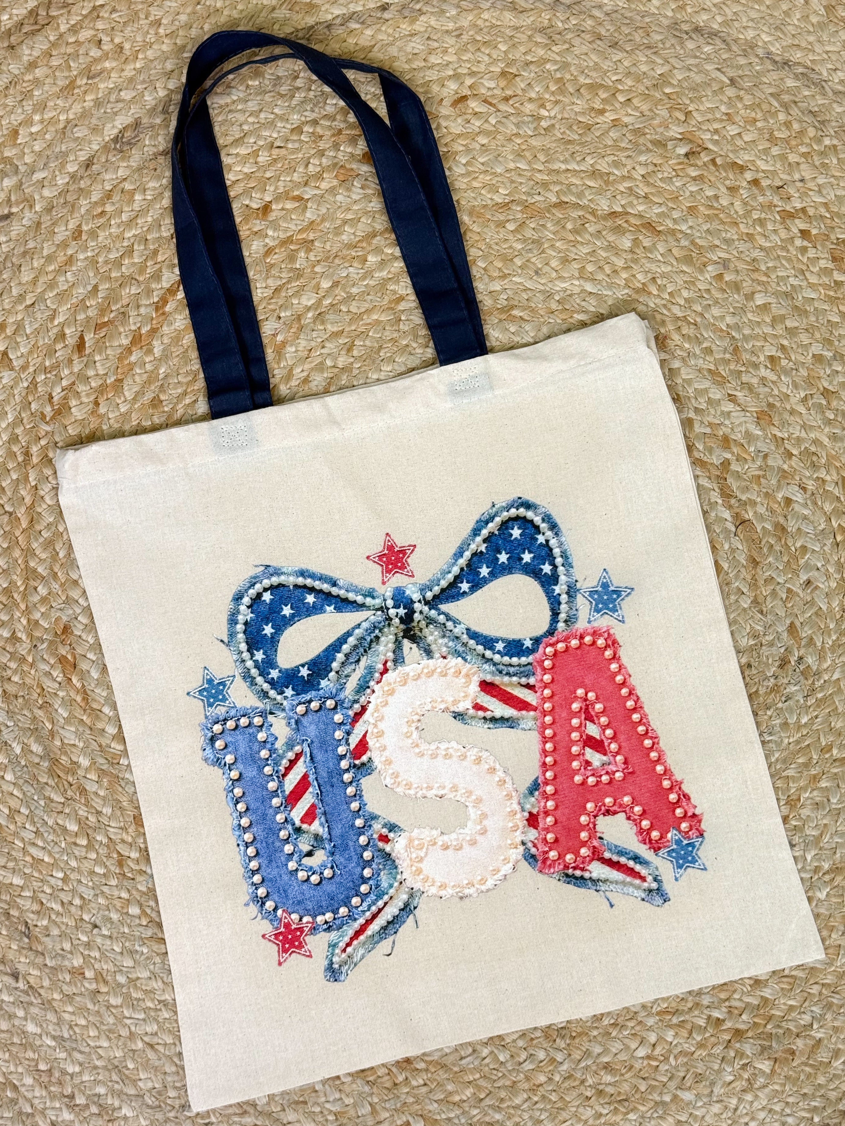 USA Coquette Bow with Pearls Graphic Tote-320 Bags-Heathered Boho-Heathered Boho Boutique, Women's Fashion and Accessories in Palmetto, FL