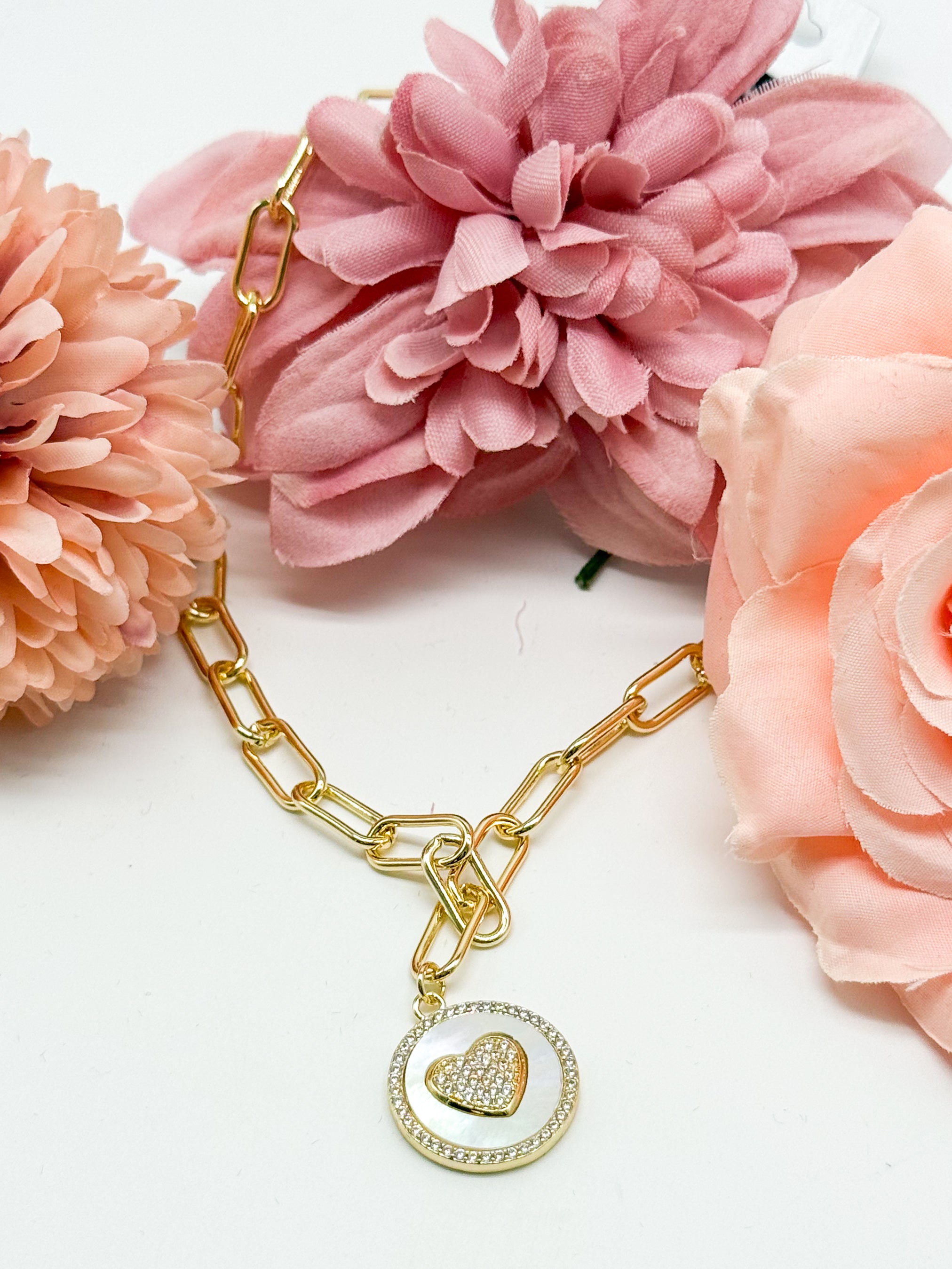 MOP CZ Heart Charm Necklace-310 Jewelry-JOSEPH ANTHONY NY, INC.-Heathered Boho Boutique, Women's Fashion and Accessories in Palmetto, FL