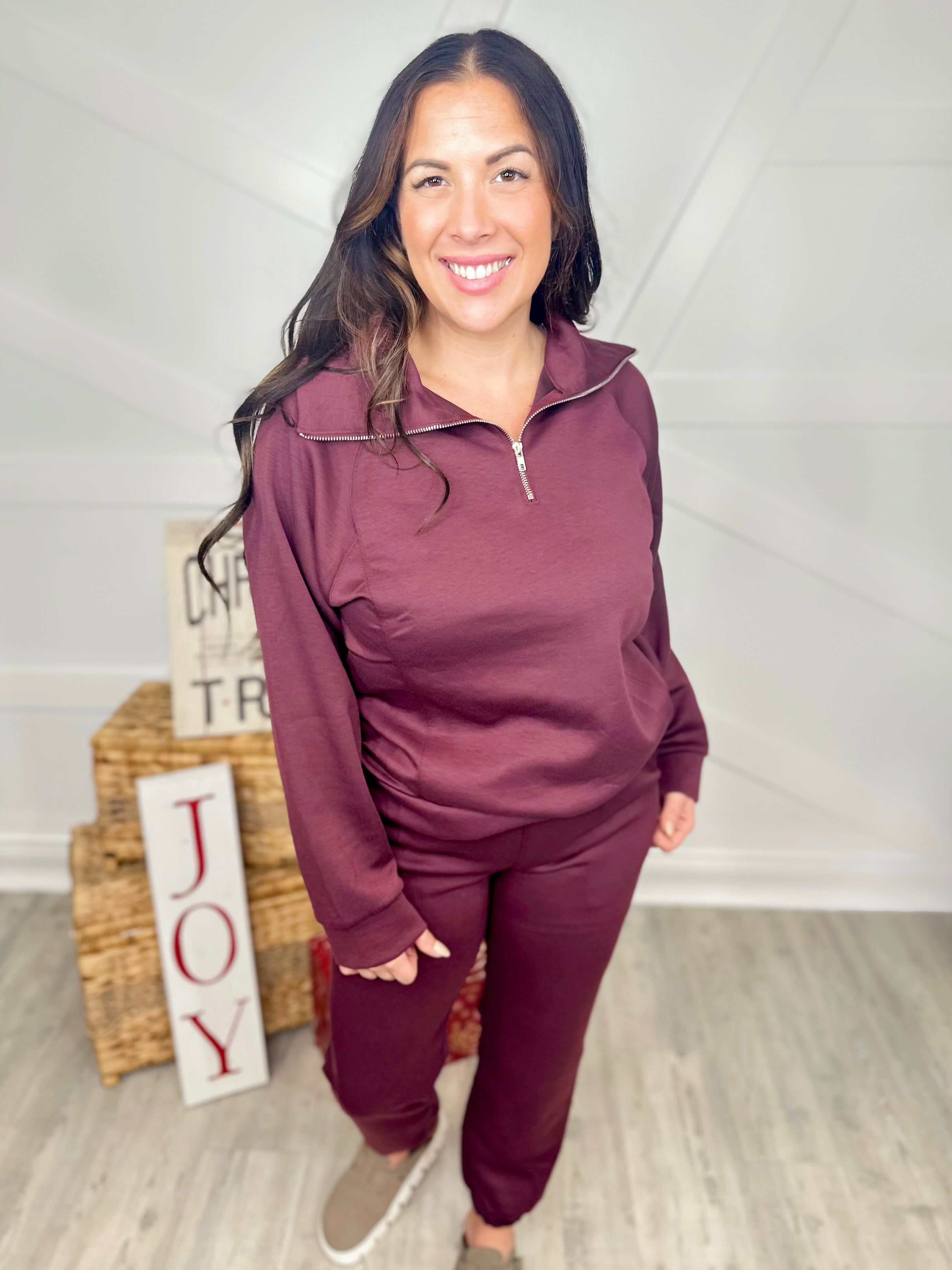 Hamptons Quarter Zip Pullover - Wine-120 Long Sleeve Tops-DEAR SCARLETT-Heathered Boho Boutique, Women's Fashion and Accessories in Palmetto, FL