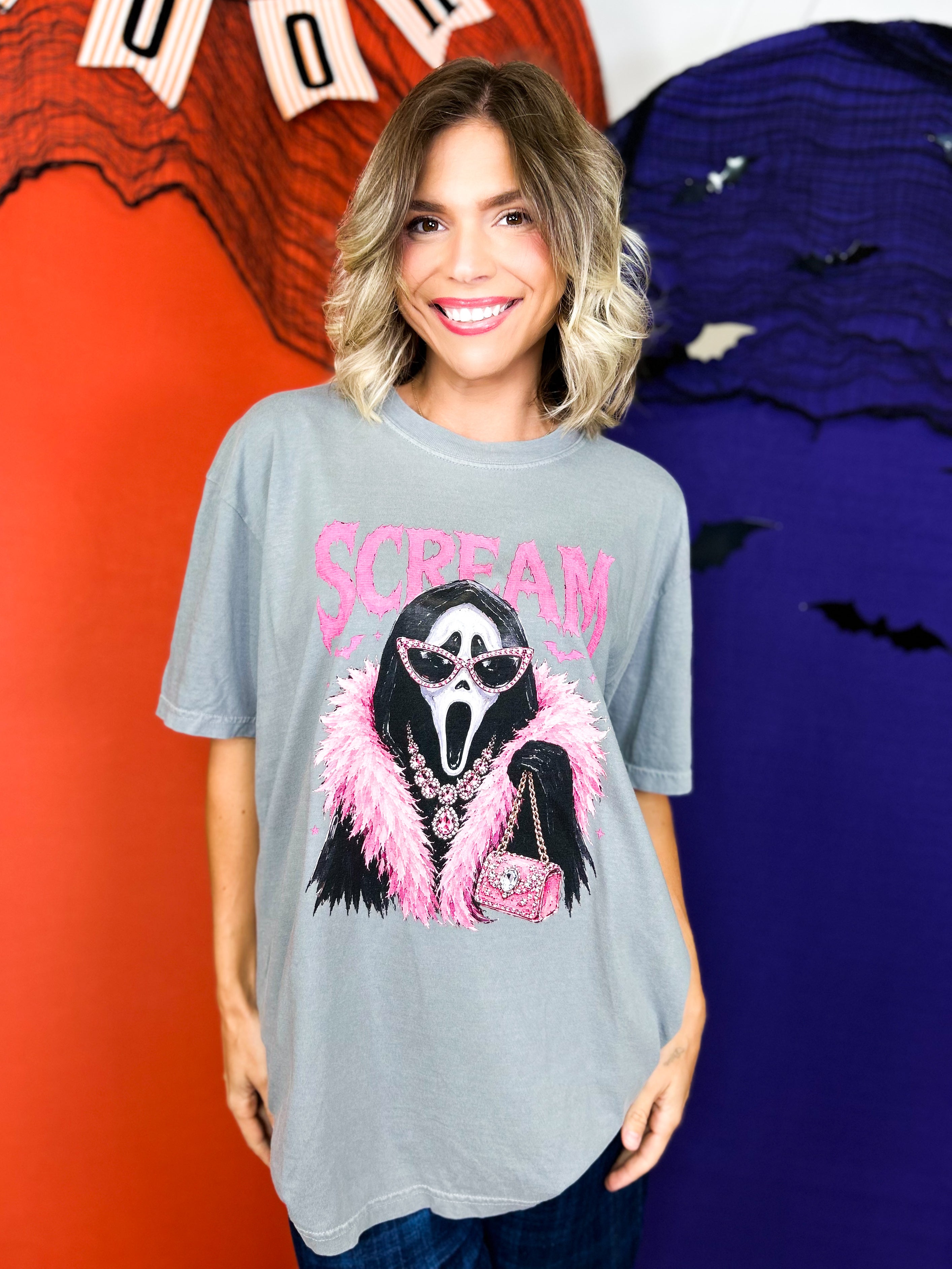Spooky Scream Bling Graphic Tee-130 Graphic Tees-Heathered Boho-Heathered Boho Boutique, Women's Fashion and Accessories in Palmetto, FL