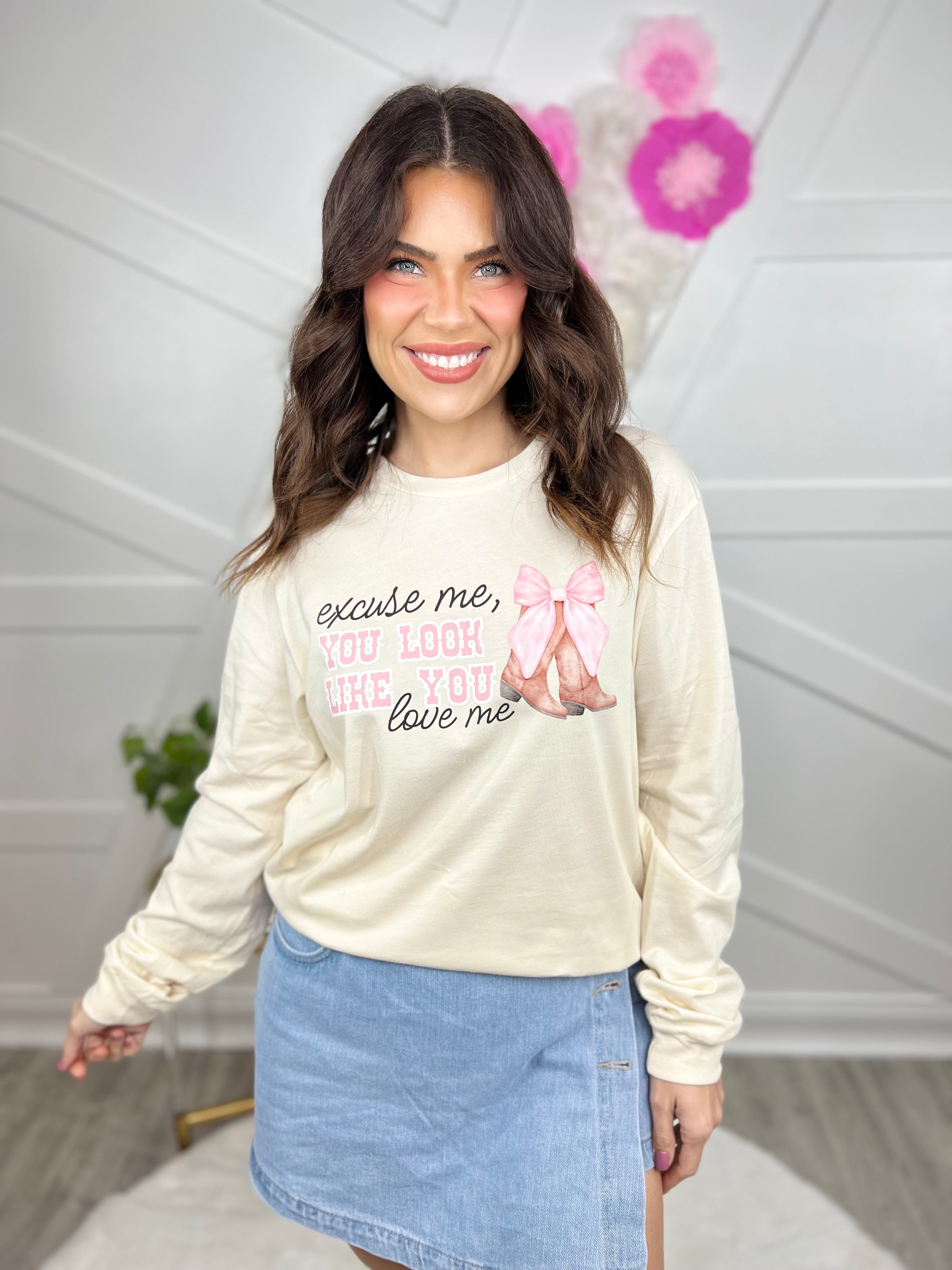 Look Like You Love Me Graphic Long Sleeve-130 Graphic Tees-Heathered Boho-Heathered Boho Boutique, Women's Fashion and Accessories in Palmetto, FL