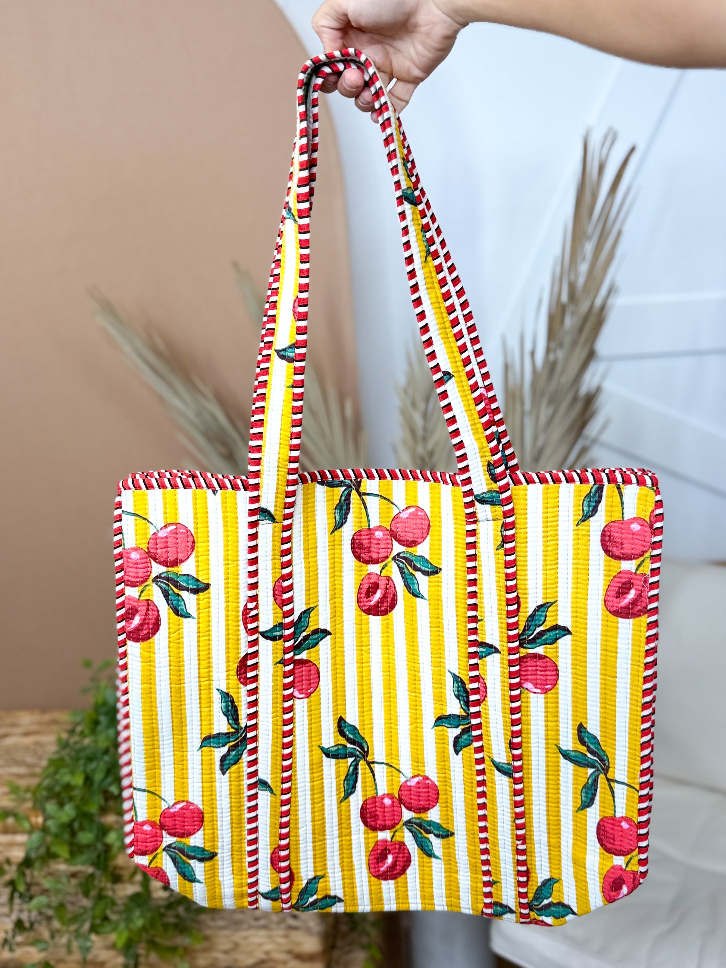 Striped and Cherry Quilted Tote Bag-320 Bags-LA SOUL-Heathered Boho Boutique, Women's Fashion and Accessories in Palmetto, FL