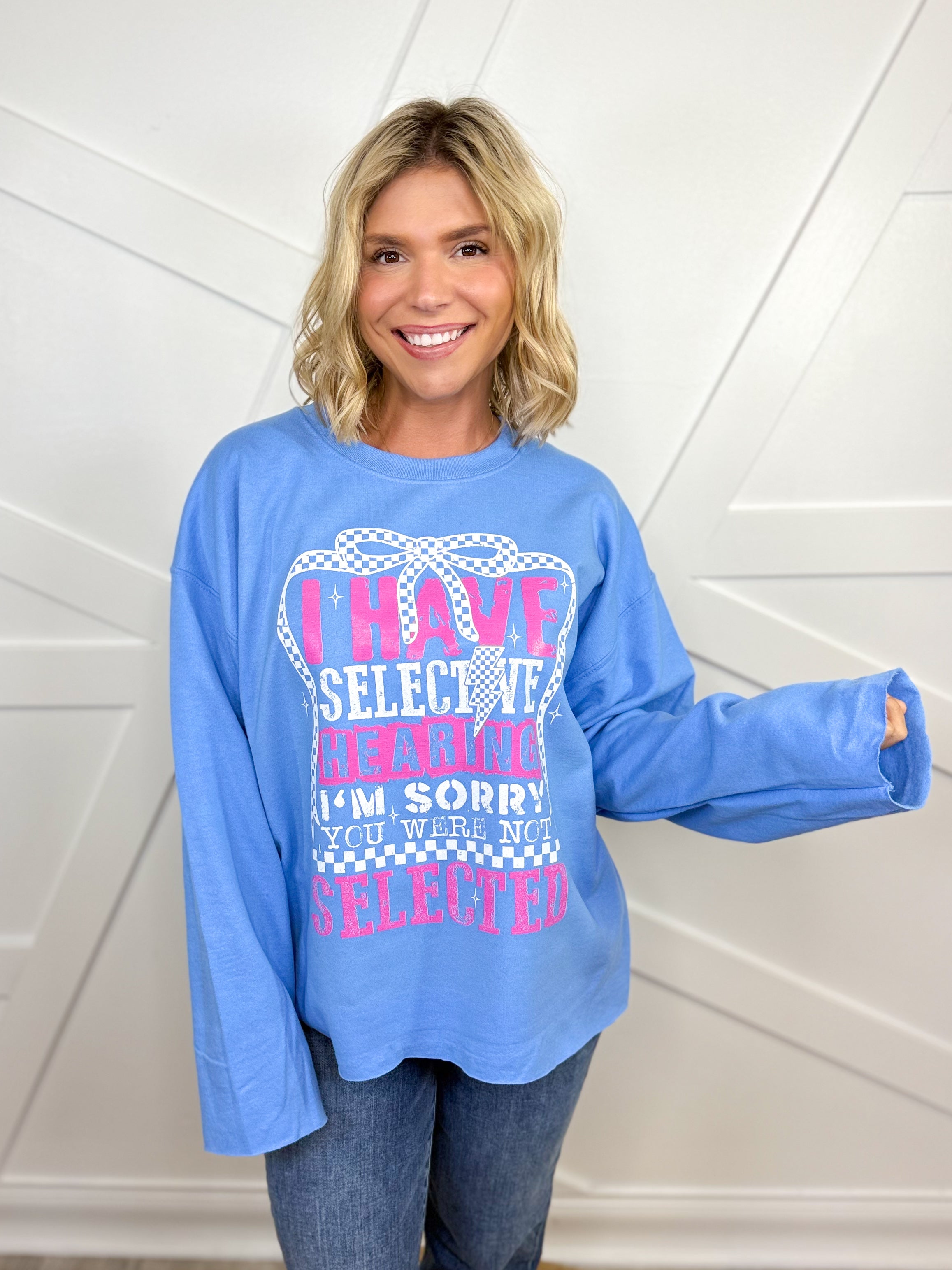 Selective Hearing Custom Cut Graphic Sweatshirt-CB-130 Graphic Tees-Heathered Boho-Heathered Boho Boutique, Women's Fashion and Accessories in Palmetto, FL