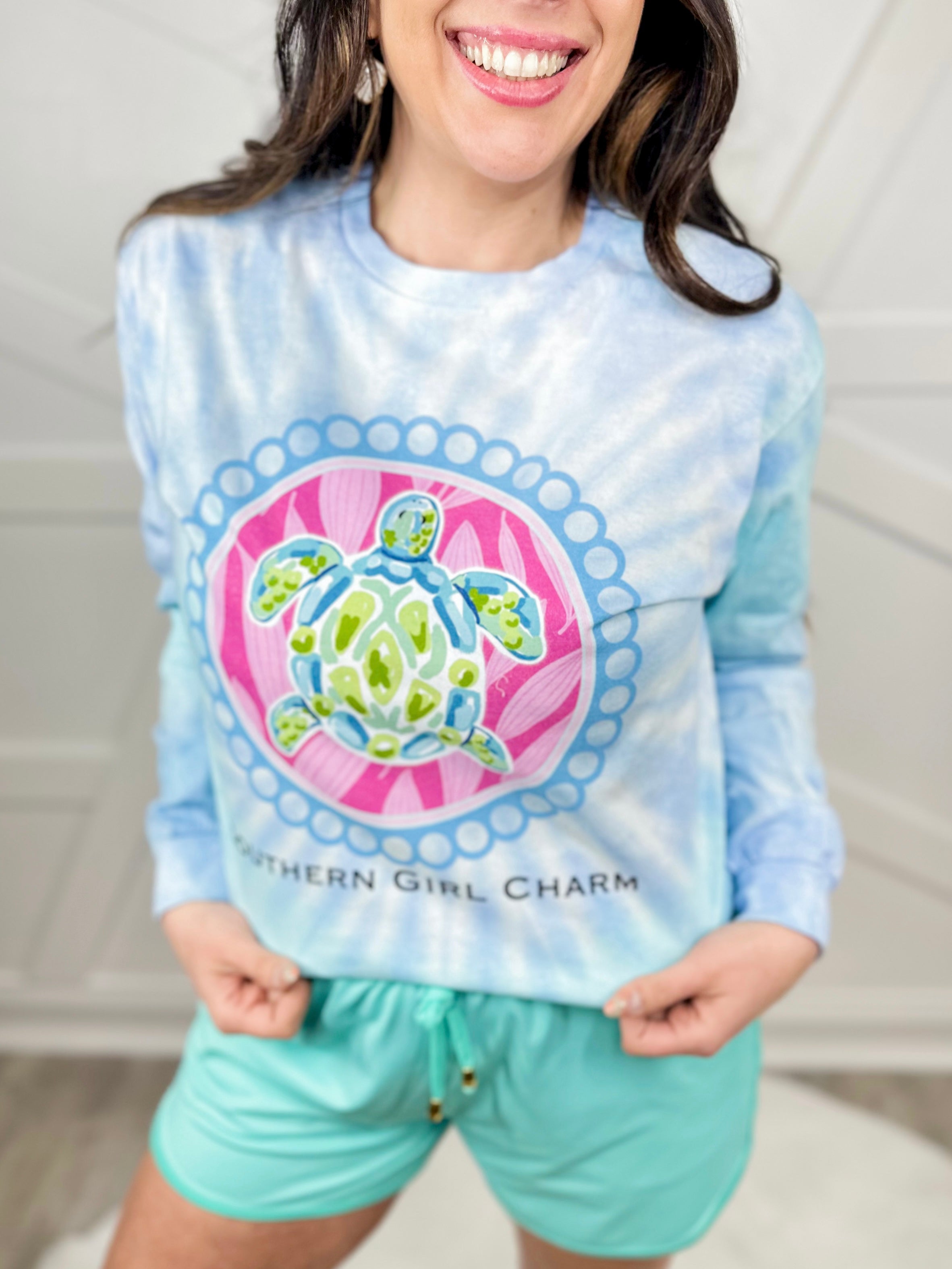 Southern Girl Charm Turtle Graphic Long Sleeve - Lagoon-130 Graphic Tees-Heathered Boho-Heathered Boho Boutique, Women's Fashion and Accessories in Palmetto, FL