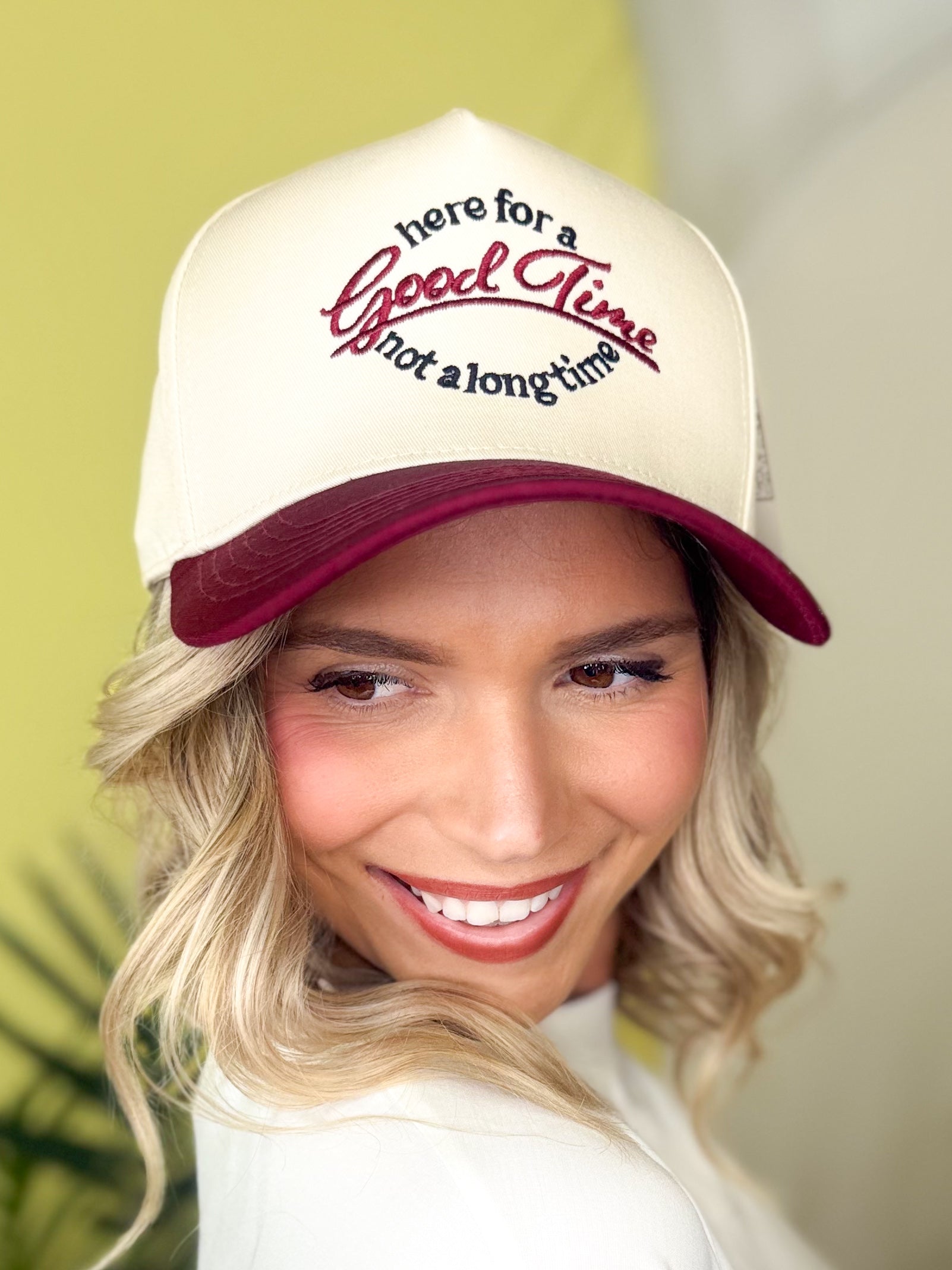Here For A Good Time Not A Long Time Cap-330 Headwear-Funky Junque-Heathered Boho Boutique, Women's Fashion and Accessories in Palmetto, FL