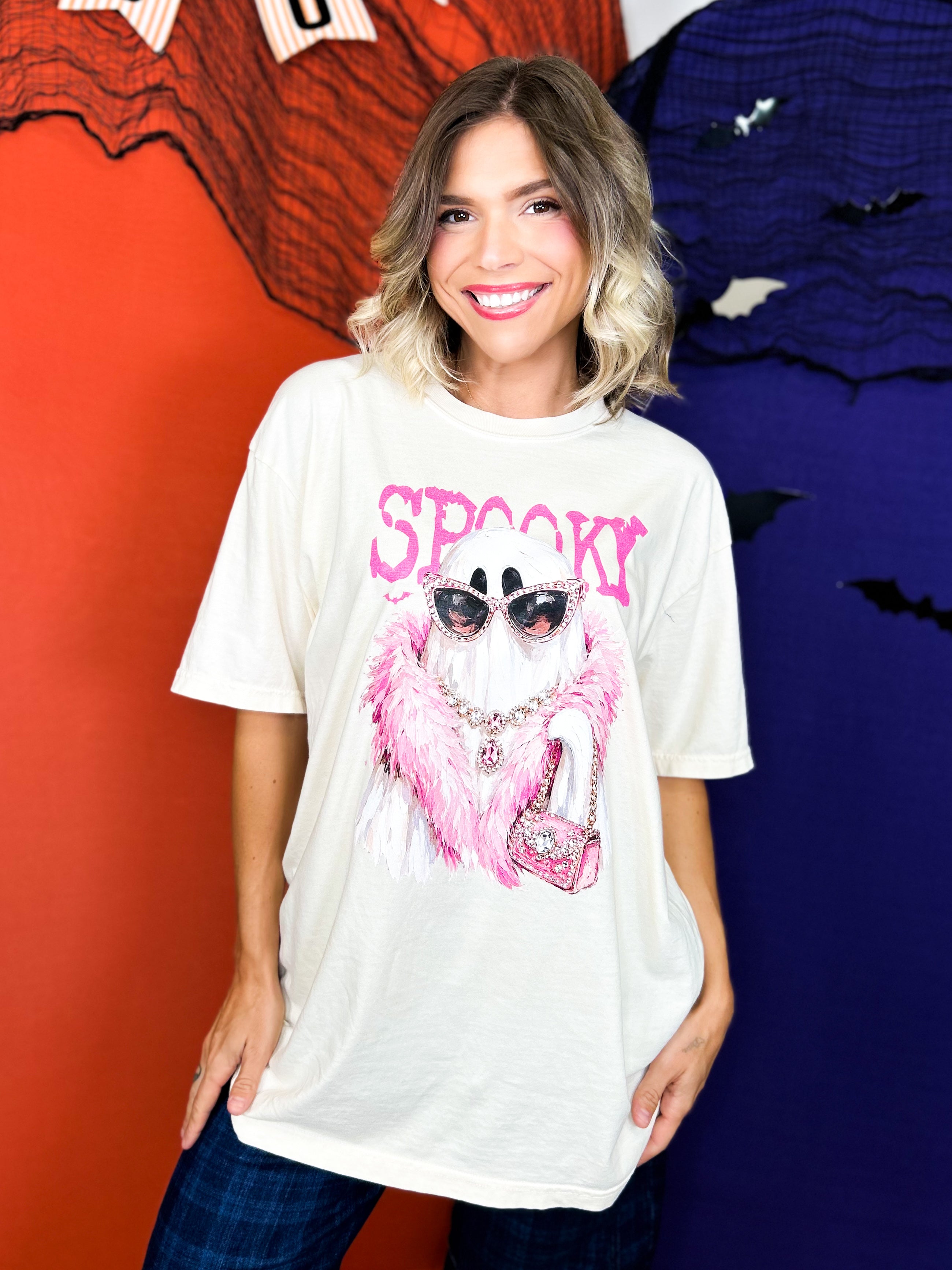 Spooky Bling Ghost Graphic Tee-130 Graphic Tees-Heathered Boho-Heathered Boho Boutique, Women's Fashion and Accessories in Palmetto, FL