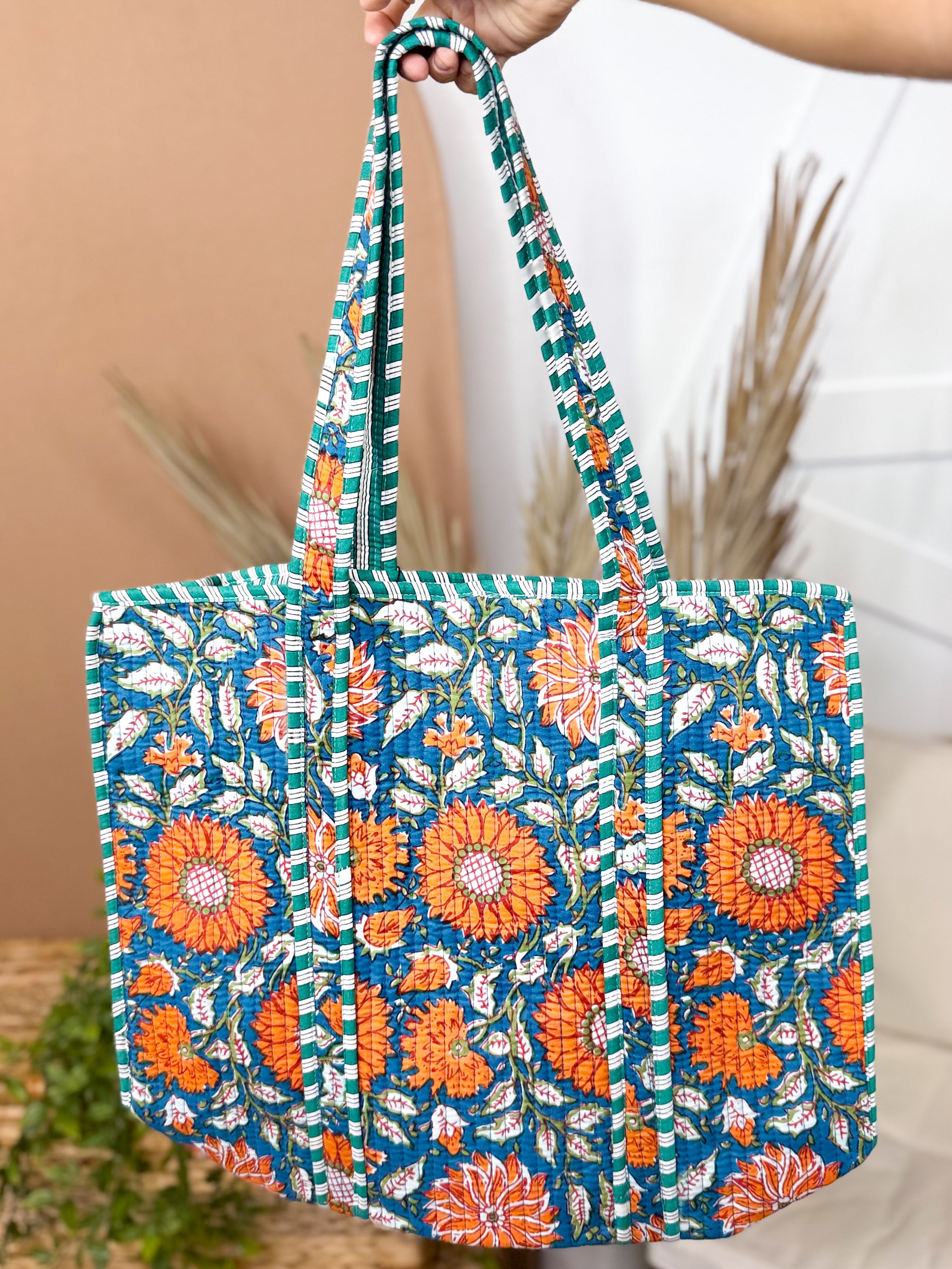 Orange Flower Quilted Tote Bag-320 BAGS-LA SOUL-Heathered Boho Boutique, Women's Fashion and Accessories in Palmetto, FL