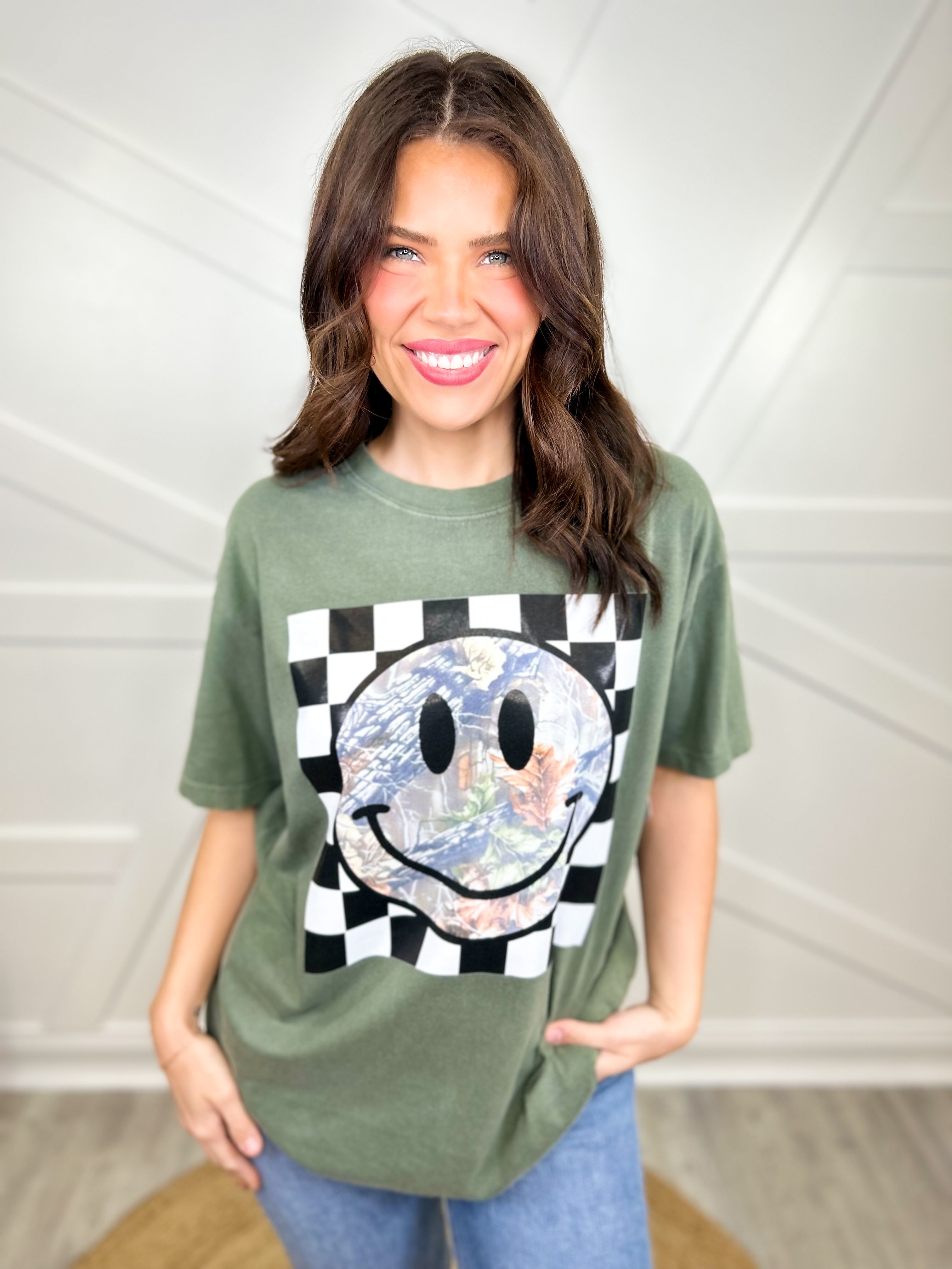 Checkered Camo Smiley Graphic Tee-130 Graphic Tees-Heathered Boho-Heathered Boho Boutique, Women's Fashion and Accessories in Palmetto, FL