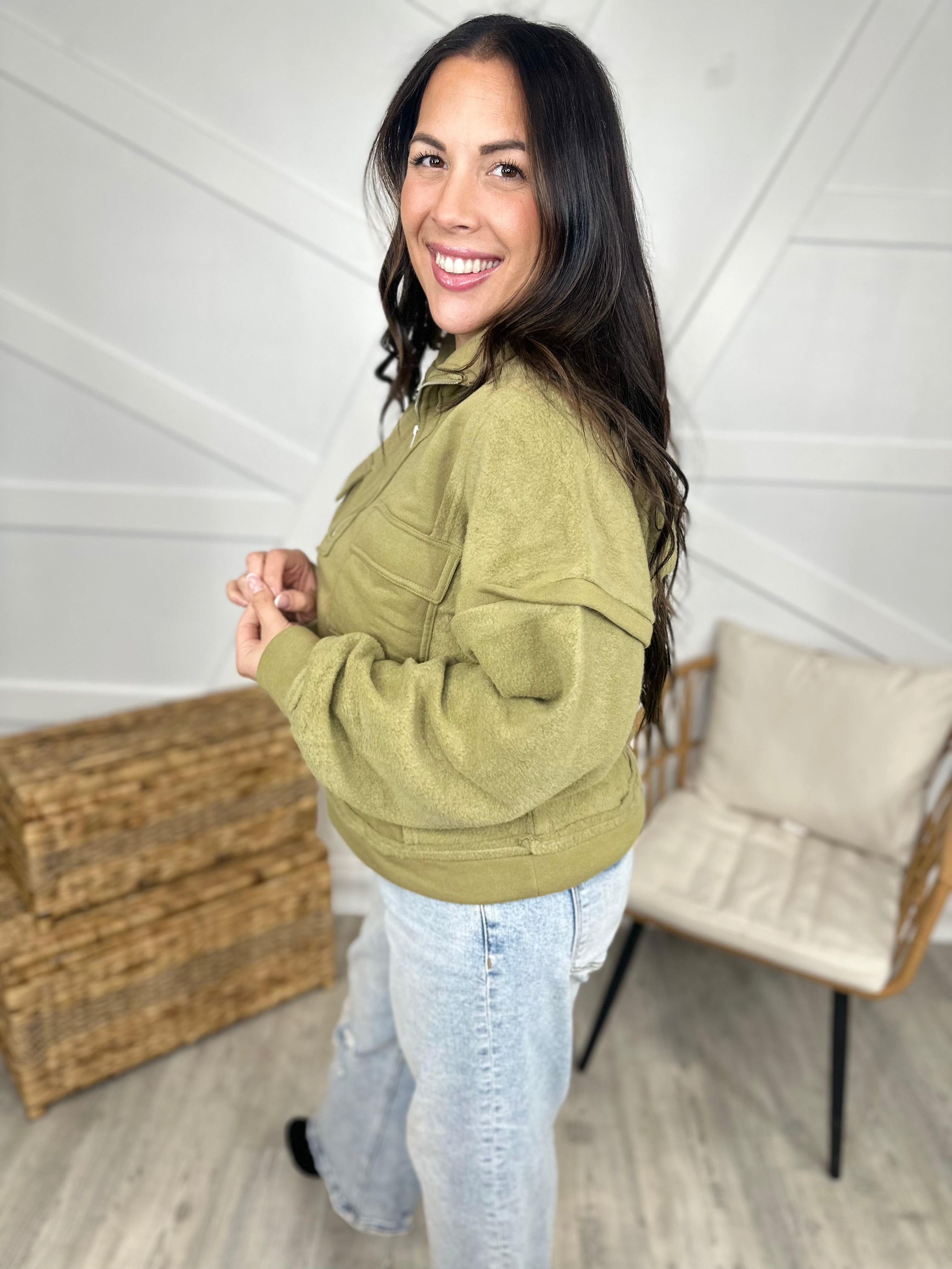 Cadet Half Zip Sweatshirt-120 Long Sleeve Tops-Very J-Heathered Boho Boutique, Women's Fashion and Accessories in Palmetto, FL