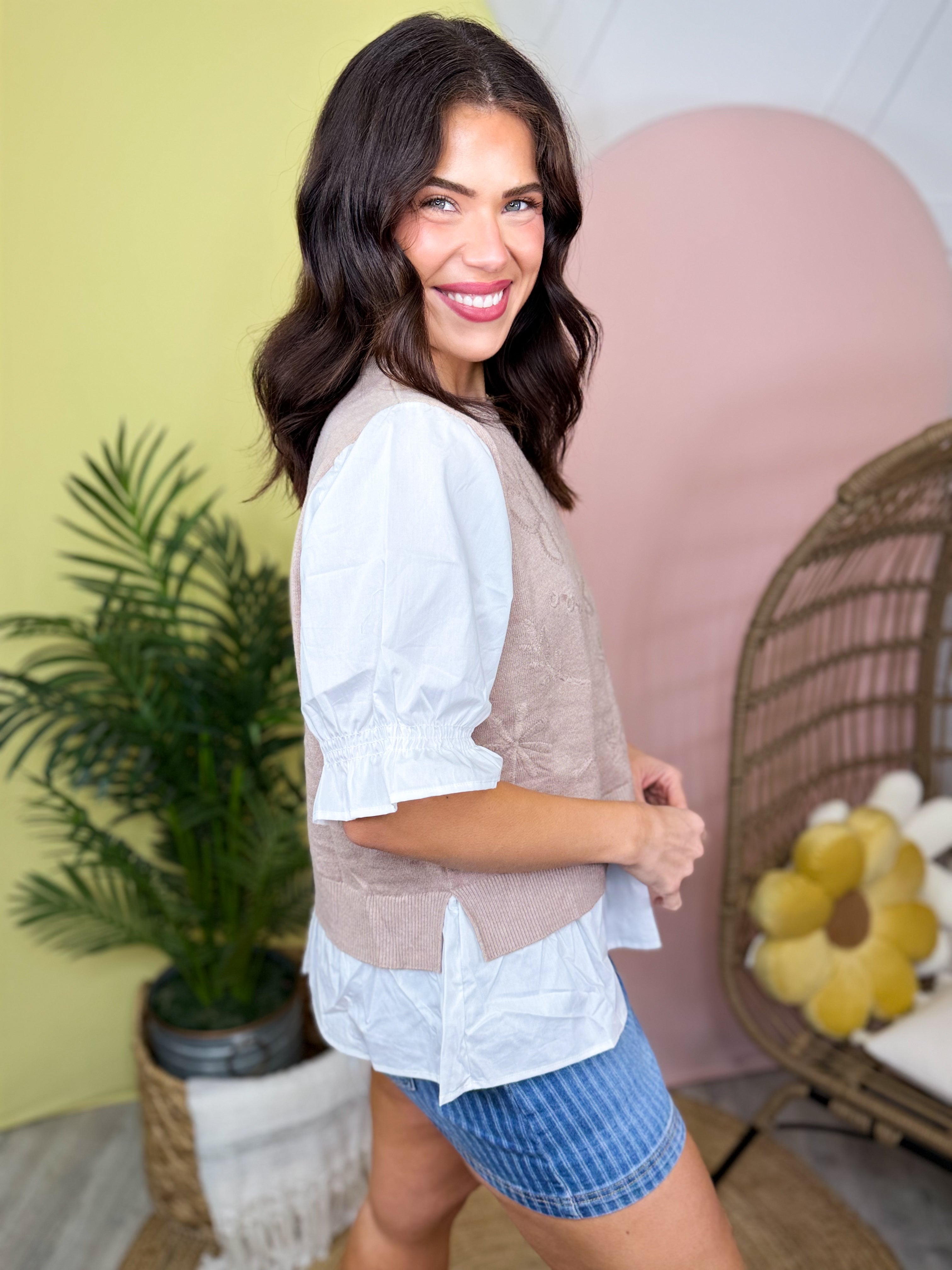 Heirloom Layered Sweater Vest Top-110 SHORT SLEEVE TOP-ODDI-Heathered Boho Boutique, Women's Fashion and Accessories in Palmetto, FL