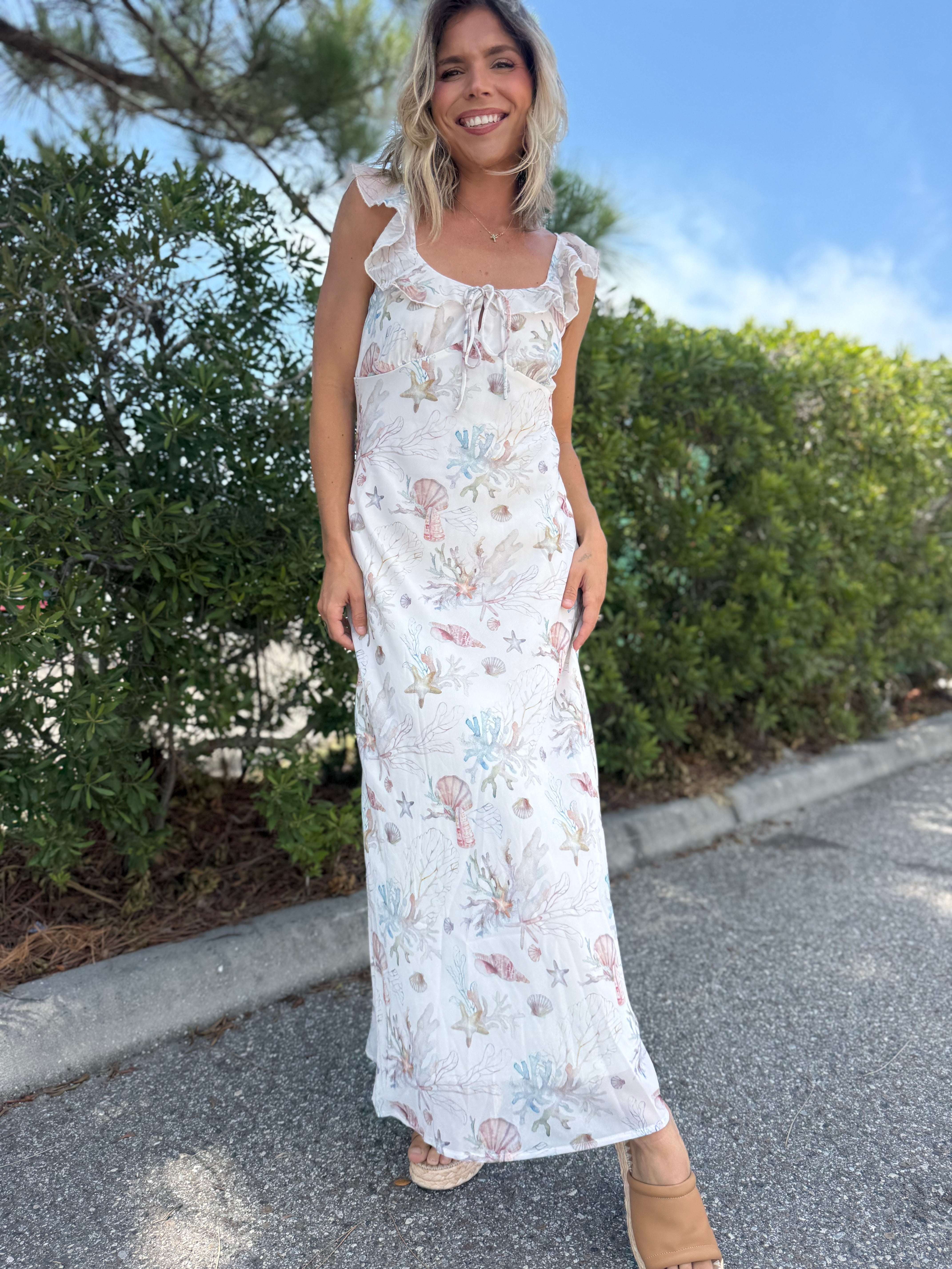Coral Coast Ruffle Midi Dress-230 DRESSES/JUMPSUITS/ROMPERS-POLAGRAM-Heathered Boho Boutique, Women's Fashion and Accessories in Palmetto, FL