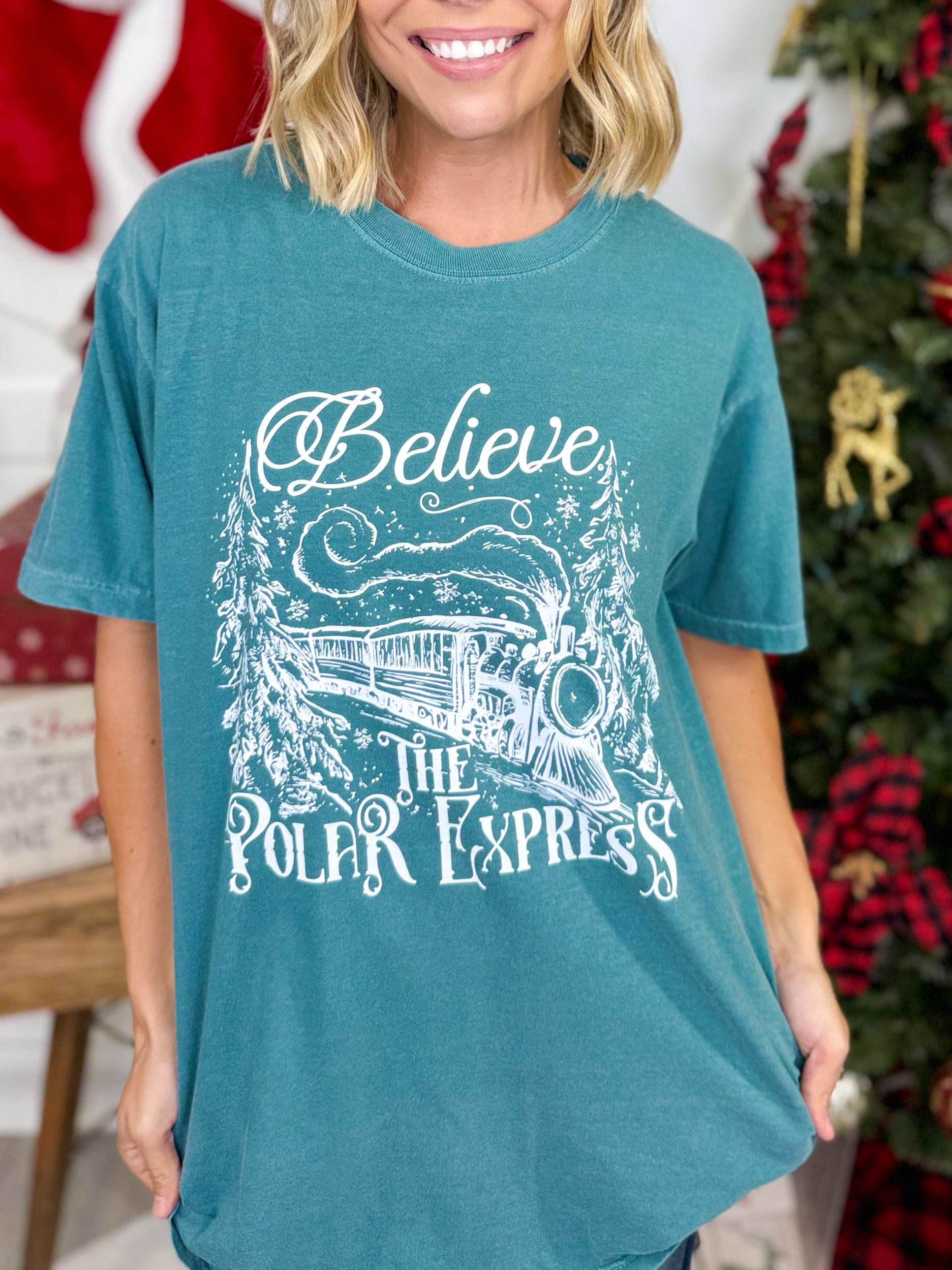 Believe The Polar Express Graphic Tee-Emerald-130 Graphic Tees-Heathered Boho-Heathered Boho Boutique, Women's Fashion and Accessories in Palmetto, FL