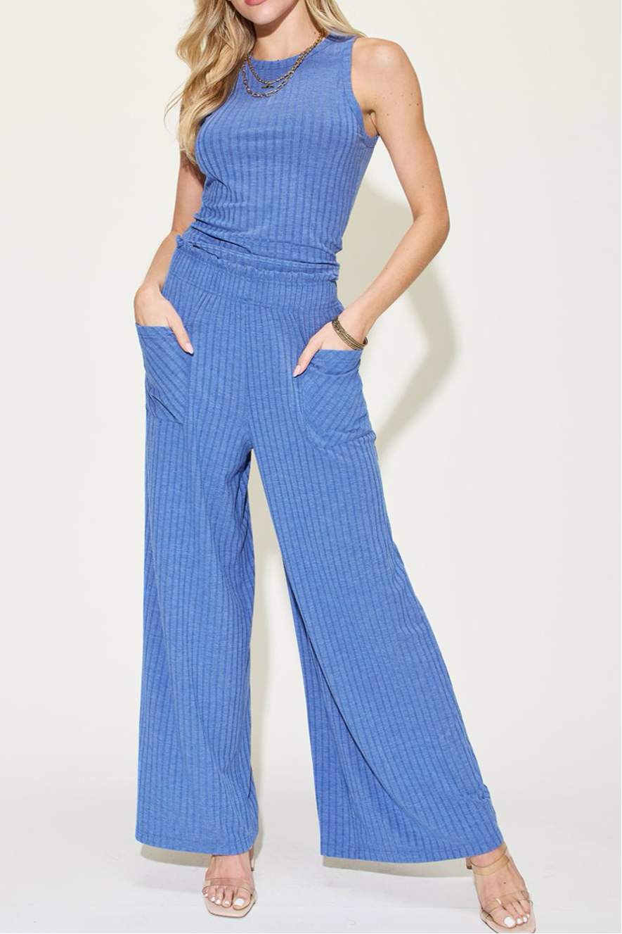 Basic Bae Full Size Ribbed Tank and Wide Leg Pants Set-Sets-Trendsi-Heathered Boho Boutique, Women's Fashion and Accessories in Palmetto, FL