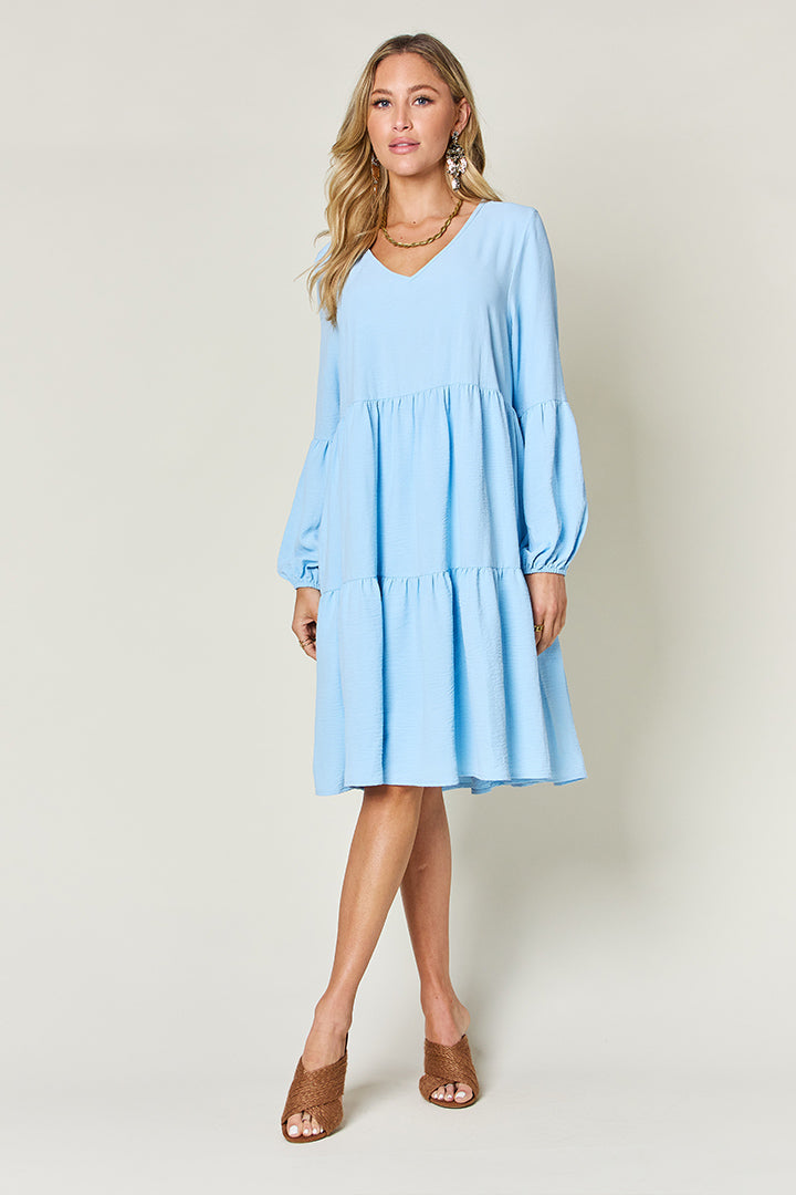 Double Take Full Size V-Neck Balloon Sleeve Tiered Dress-Dresses-Trendsi-Heathered Boho Boutique, Women's Fashion and Accessories in Palmetto, FL