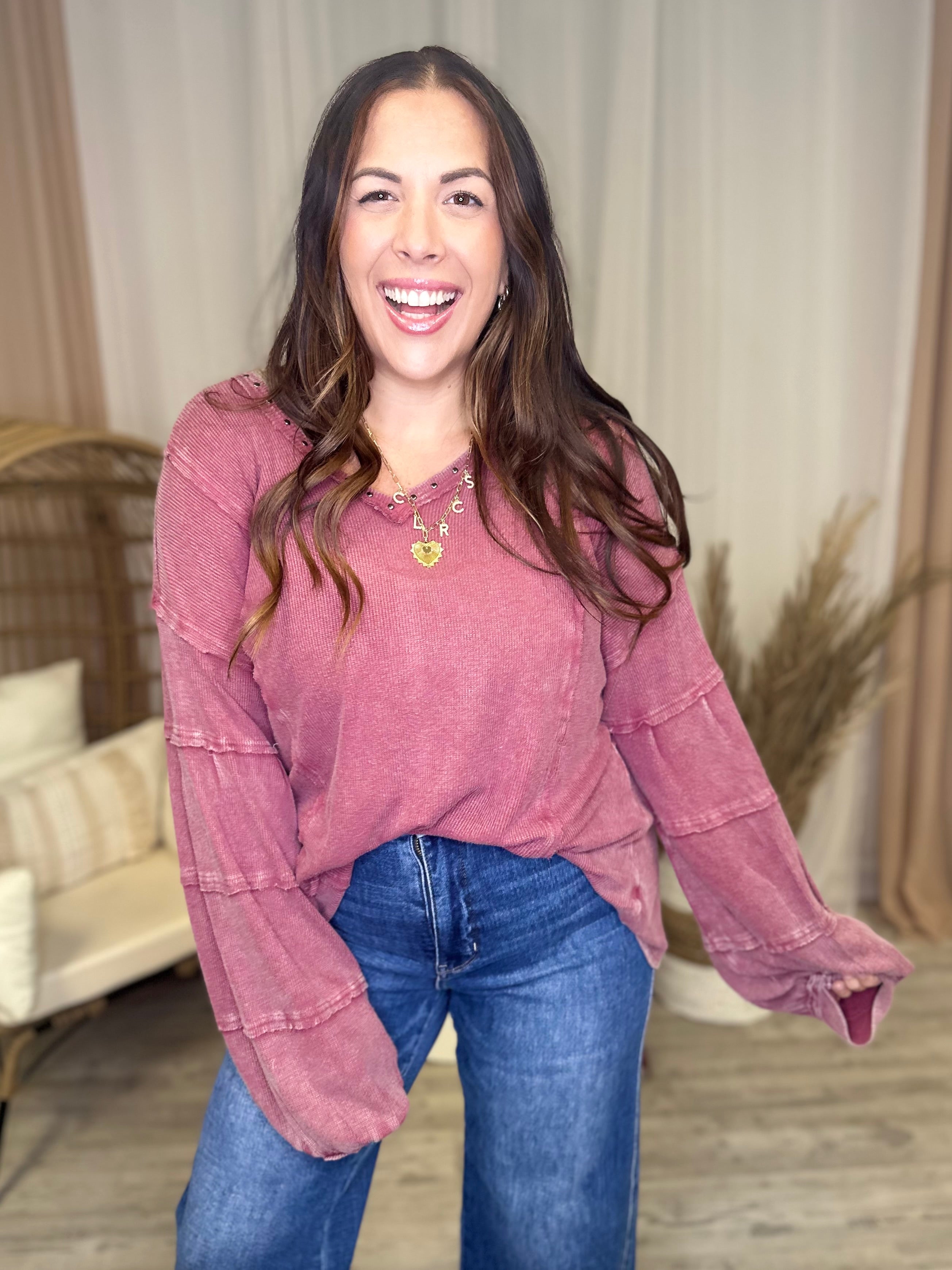 Heathered Boho by Easel Miles Away Tunic Top - Plum-120 Long Sleeve Tops-Easel-Heathered Boho Boutique, Women's Fashion and Accessories in Palmetto, FL