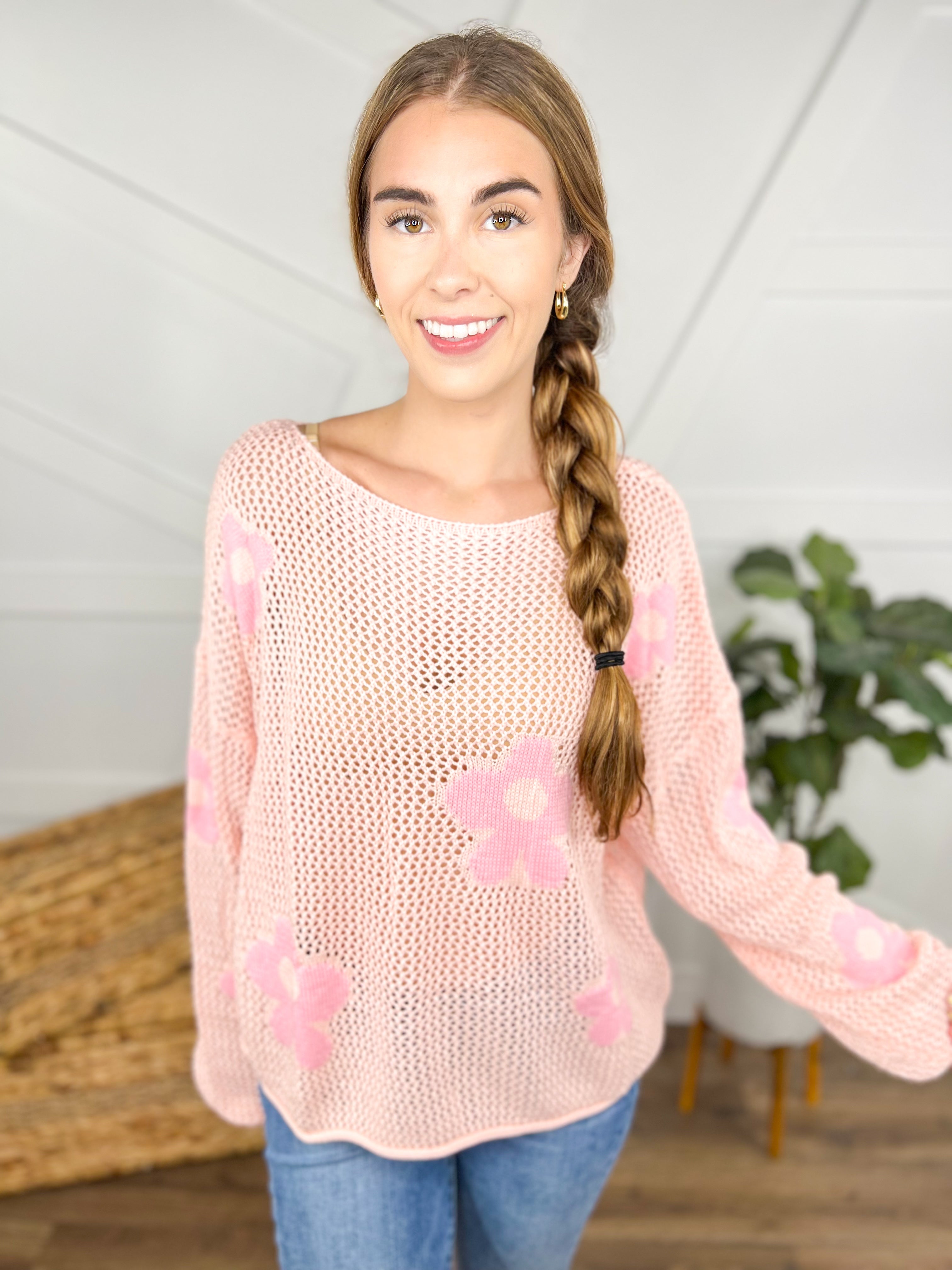 Blushing Bloom Sweater-125 Sweater-Adora-Heathered Boho Boutique, Women's Fashion and Accessories in Palmetto, FL