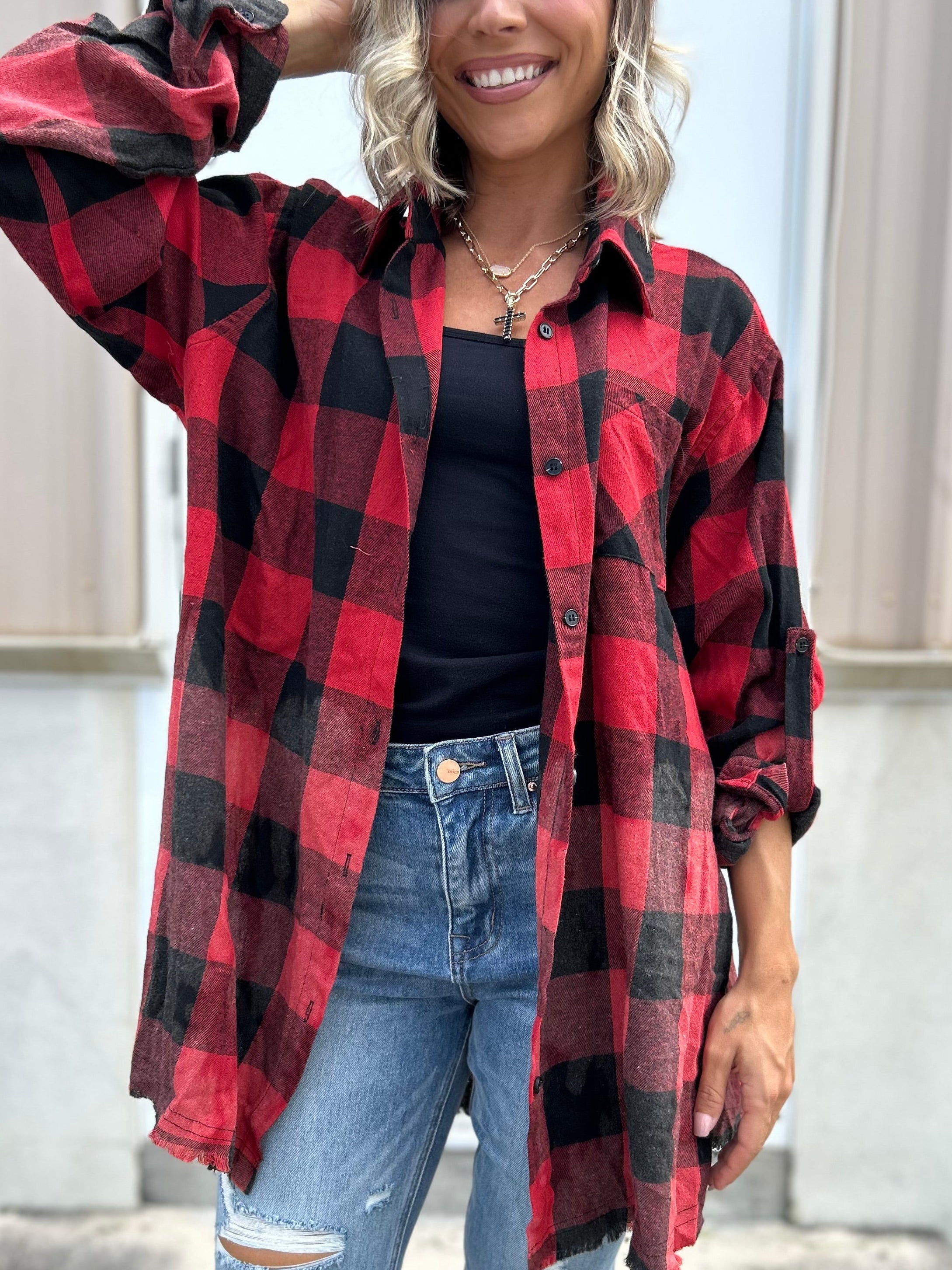 Not Your Boyfriend's Side Slit Flannel-120 LONG SLEEVE TOPS-Pebby Forevee-Heathered Boho Boutique, Women's Fashion and Accessories in Palmetto, FL