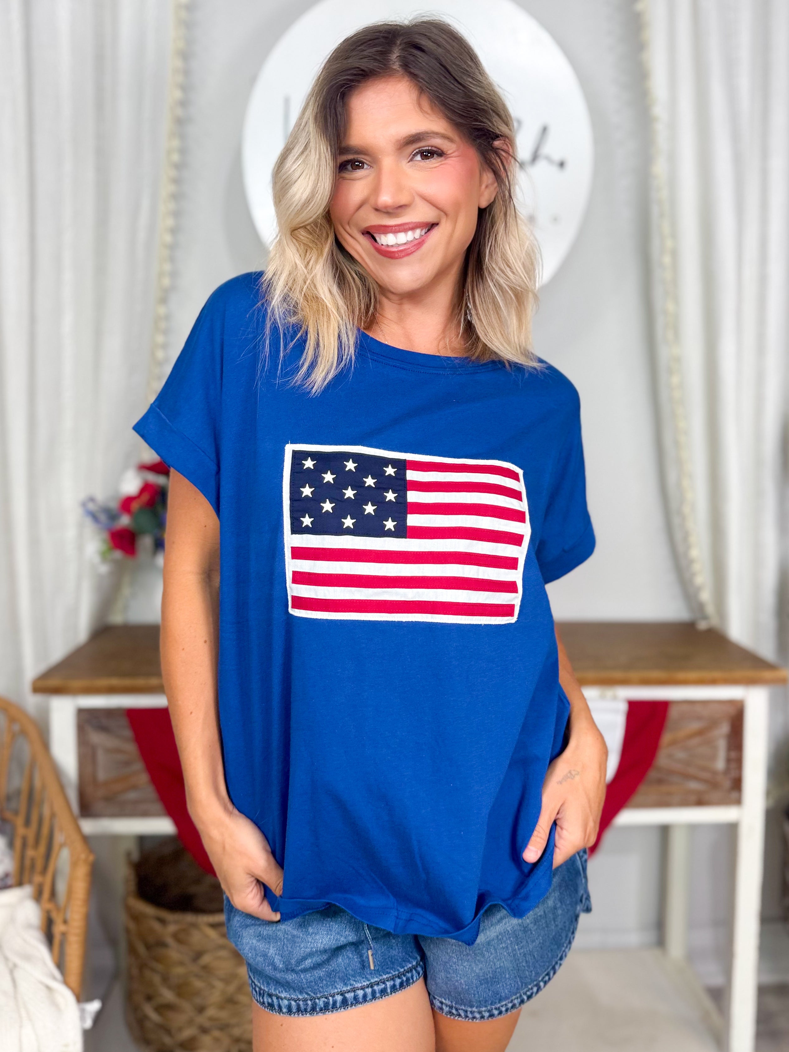 Old School Flag Top-110 SHORT SLEEVE TOP-ZENANA-Heathered Boho Boutique, Women's Fashion and Accessories in Palmetto, FL