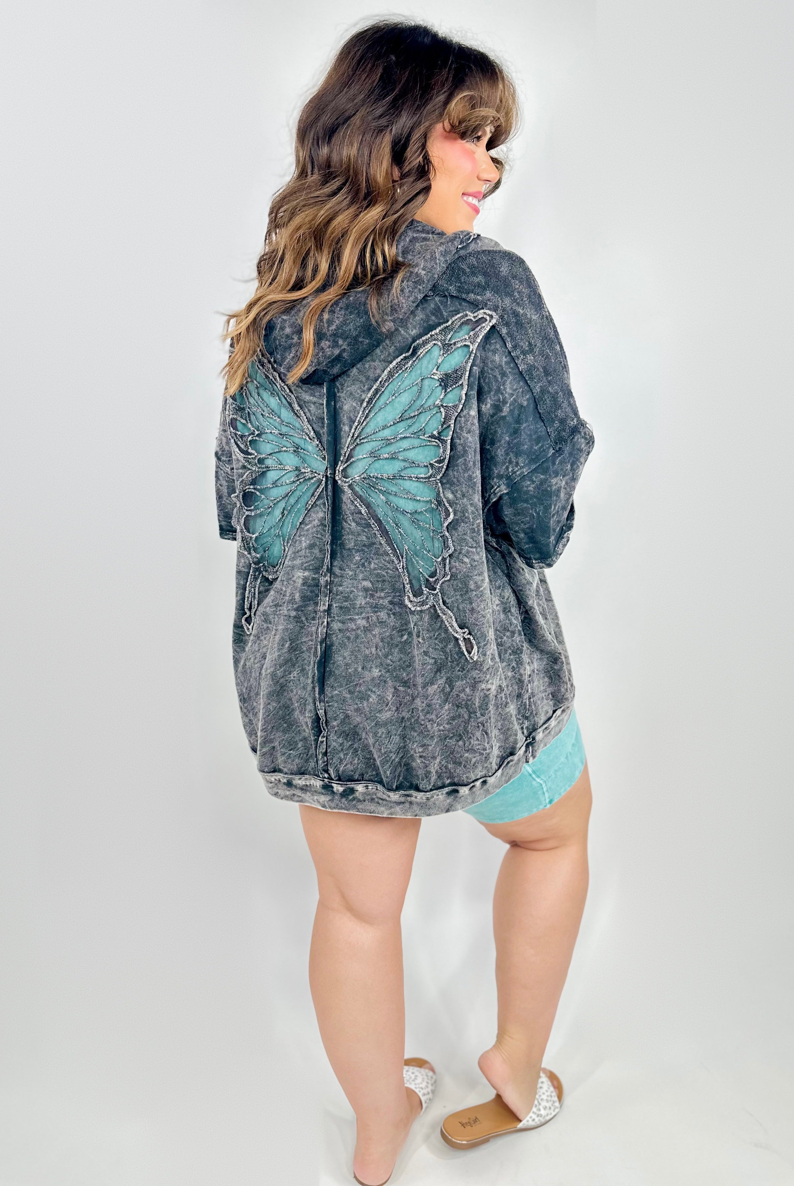 Mariposa Cardigan Hoodie - Ashed Black-210 Hoodies-J. Her-Heathered Boho Boutique, Women's Fashion and Accessories in Palmetto, FL