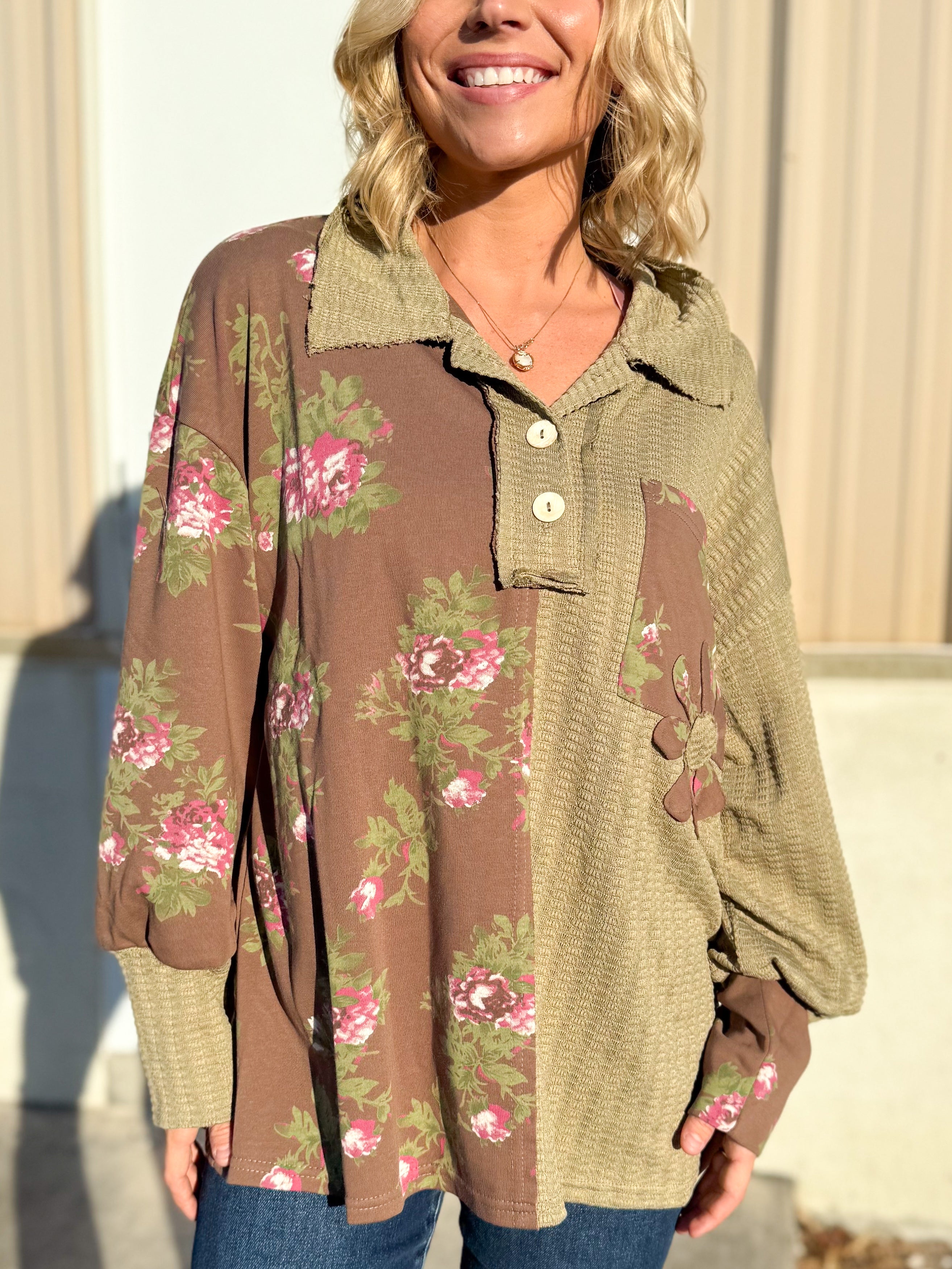 Secret Garden Button Top-120 LONG SLEEVE TOPS-Davi & Dani-Heathered Boho Boutique, Women's Fashion and Accessories in Palmetto, FL