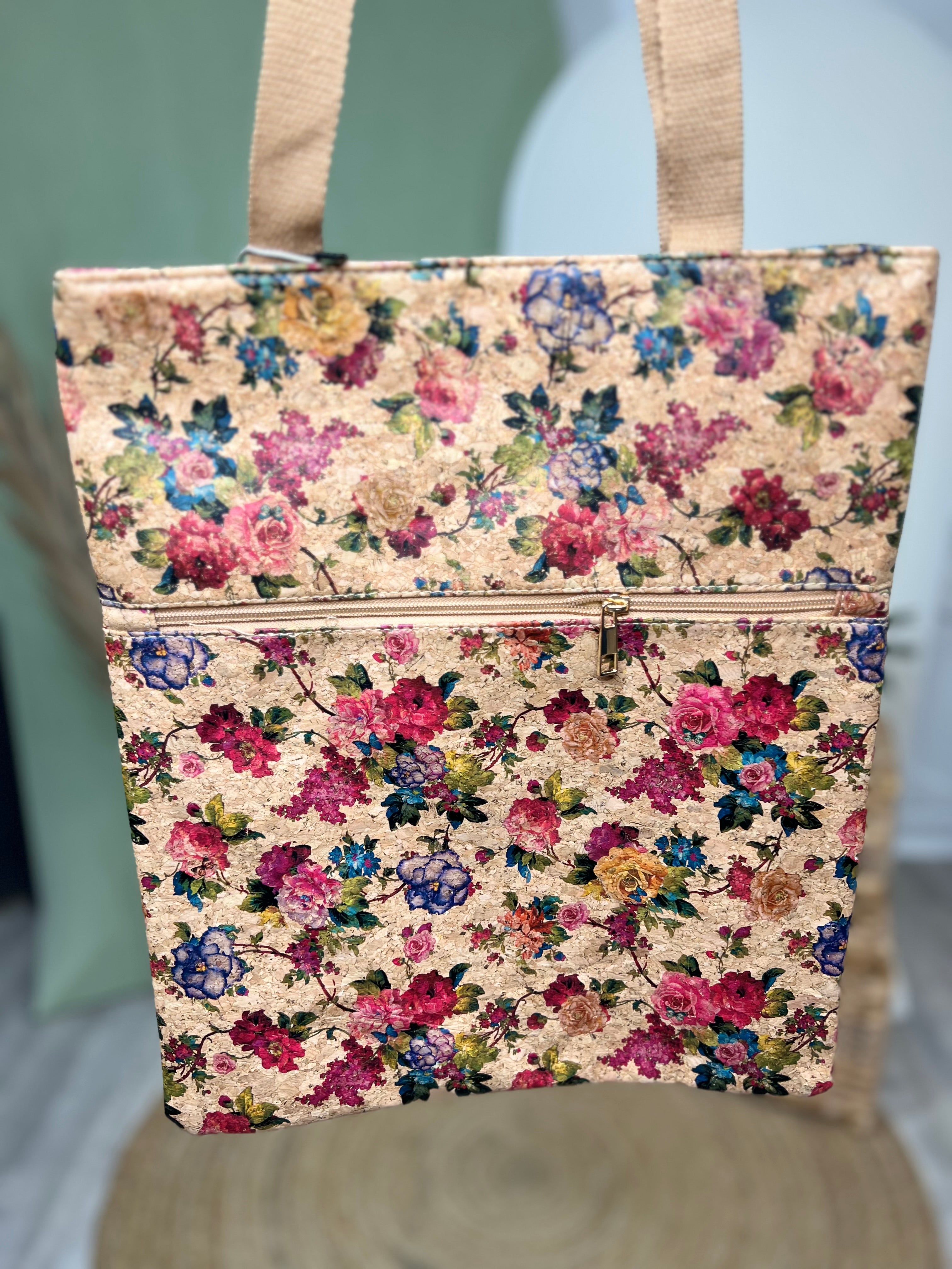 Floral Print Cork Tote Bag-320 Bags-Clovered Accessories-Heathered Boho Boutique, Women's Fashion and Accessories in Palmetto, FL