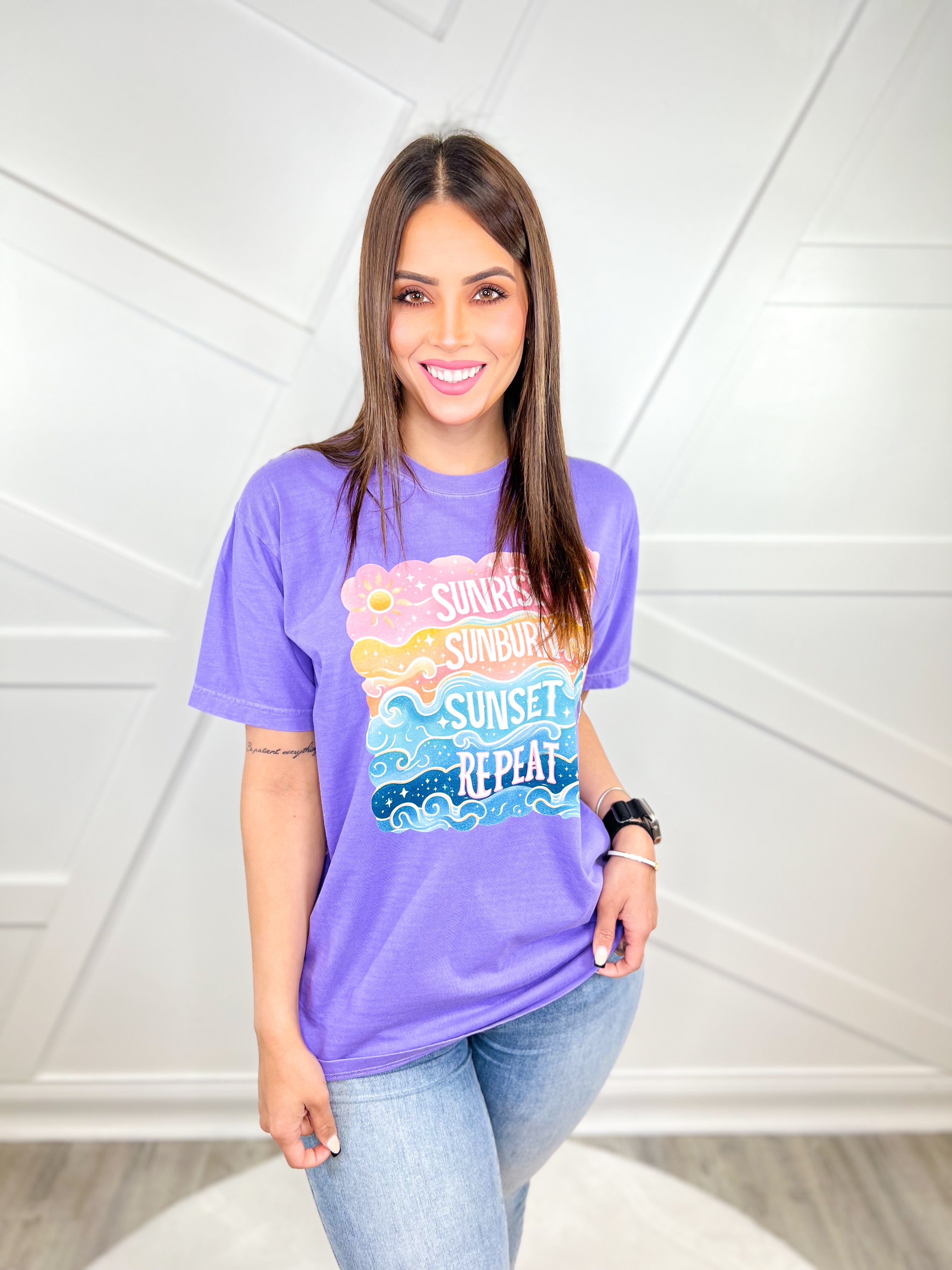 Sunrise Sunburn Sunset Repeat Graphic Tee-130 Graphic Tees-Heathered Boho-Heathered Boho Boutique, Women's Fashion and Accessories in Palmetto, FL