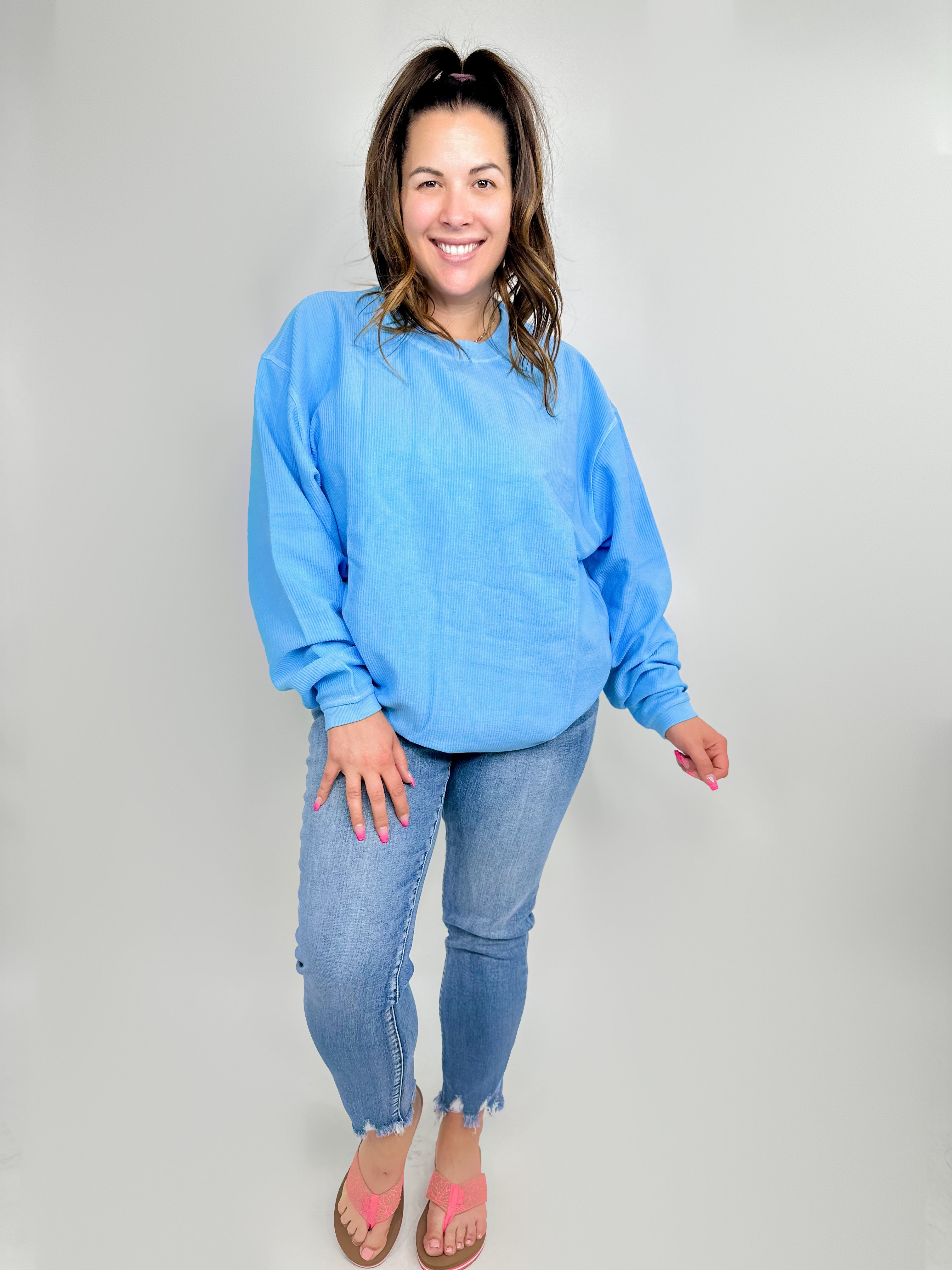 Neon Blue Essential Luxe Crew Sweatshirt-120 Long Sleeve Tops-Moon Ryder-Heathered Boho Boutique, Women's Fashion and Accessories in Palmetto, FL