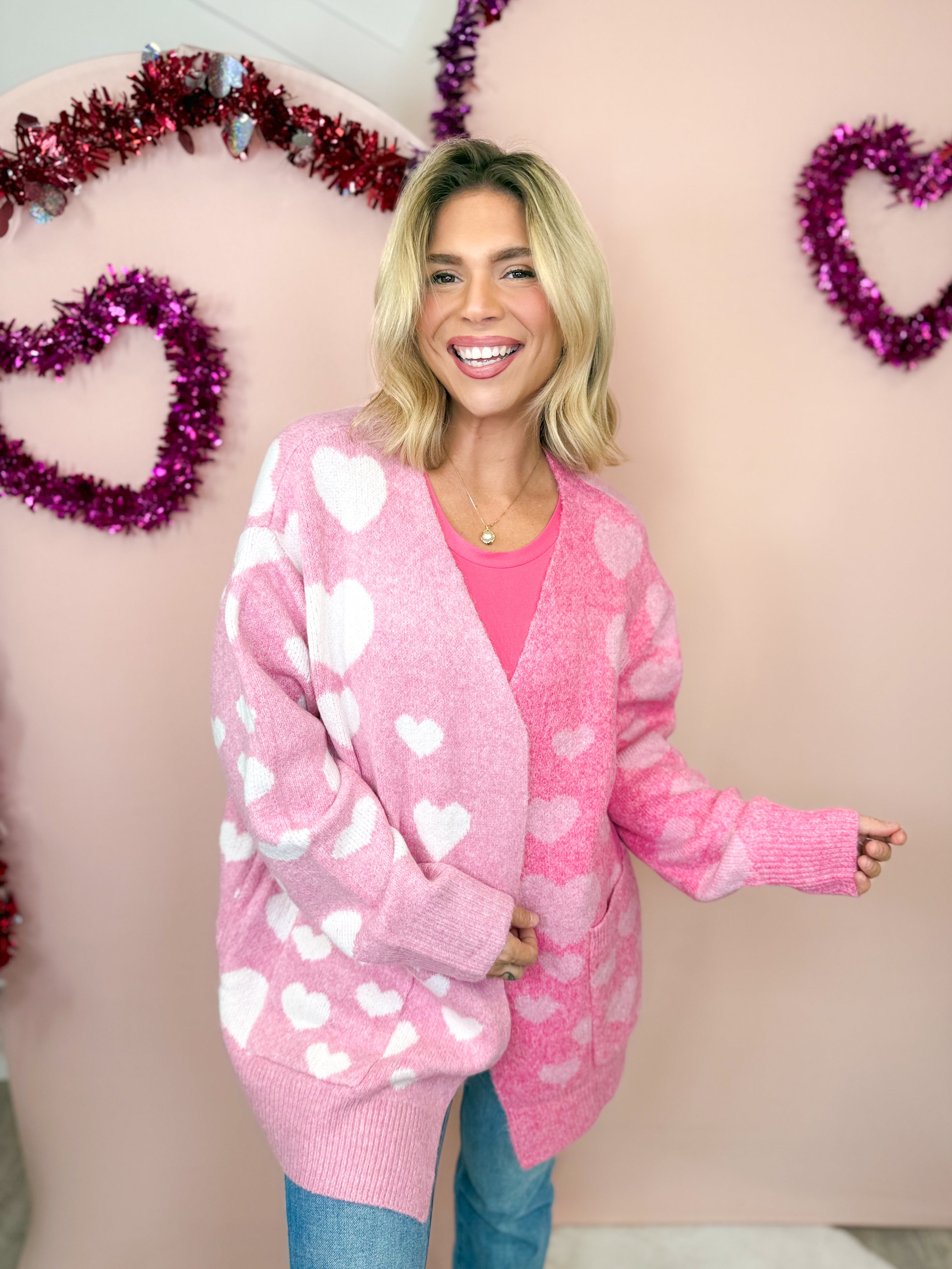Hearts in Shades of Pink Cardigan-220 CARDIGANS KIMONOS-Bibi-Heathered Boho Boutique, Women's Fashion and Accessories in Palmetto, FL