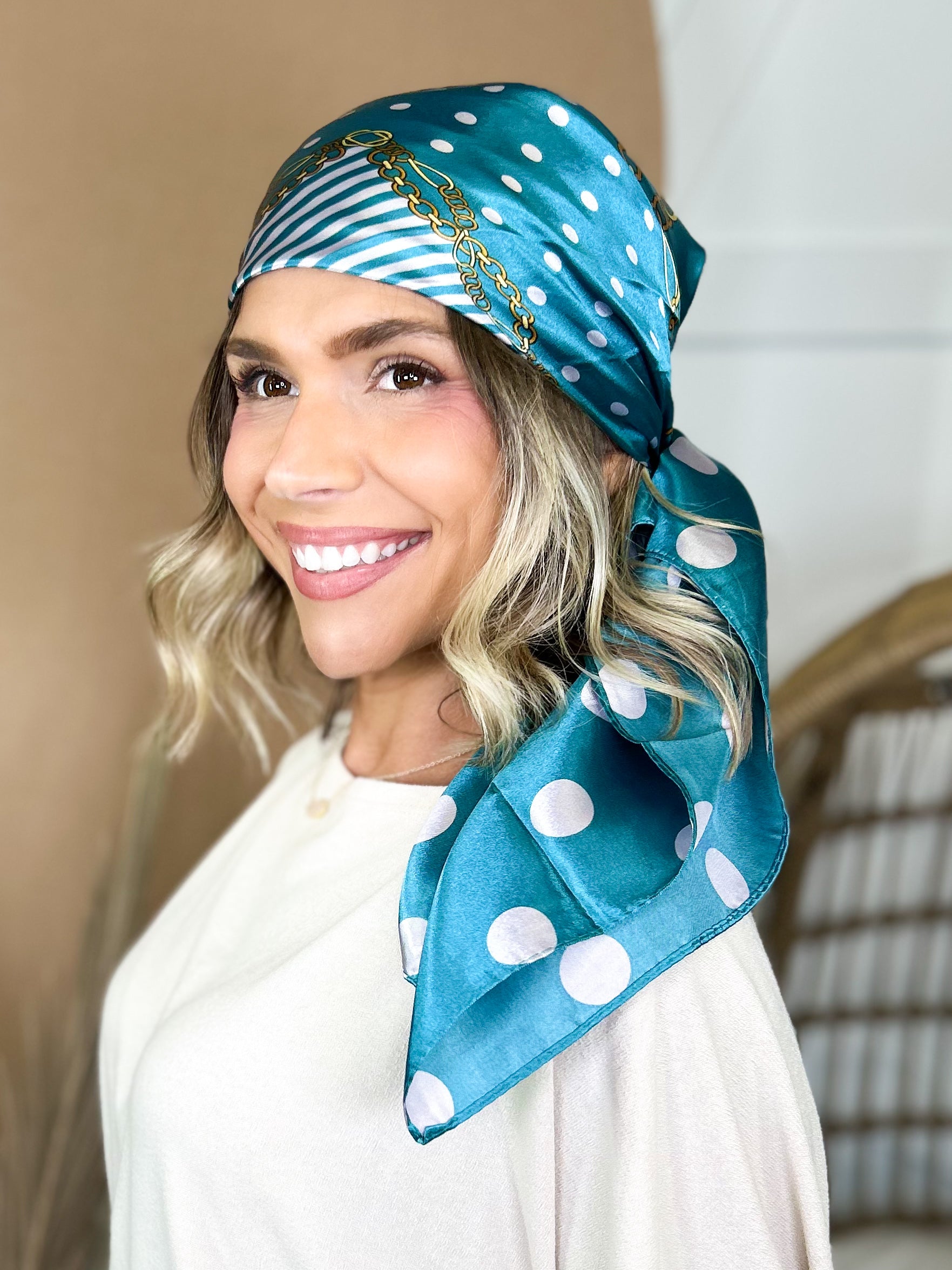 Dots & Chain Pattern Luxe Satin Head Scarf-340 Other Accessories-Heathered Boho-Heathered Boho Boutique, Women's Fashion and Accessories in Palmetto, FL