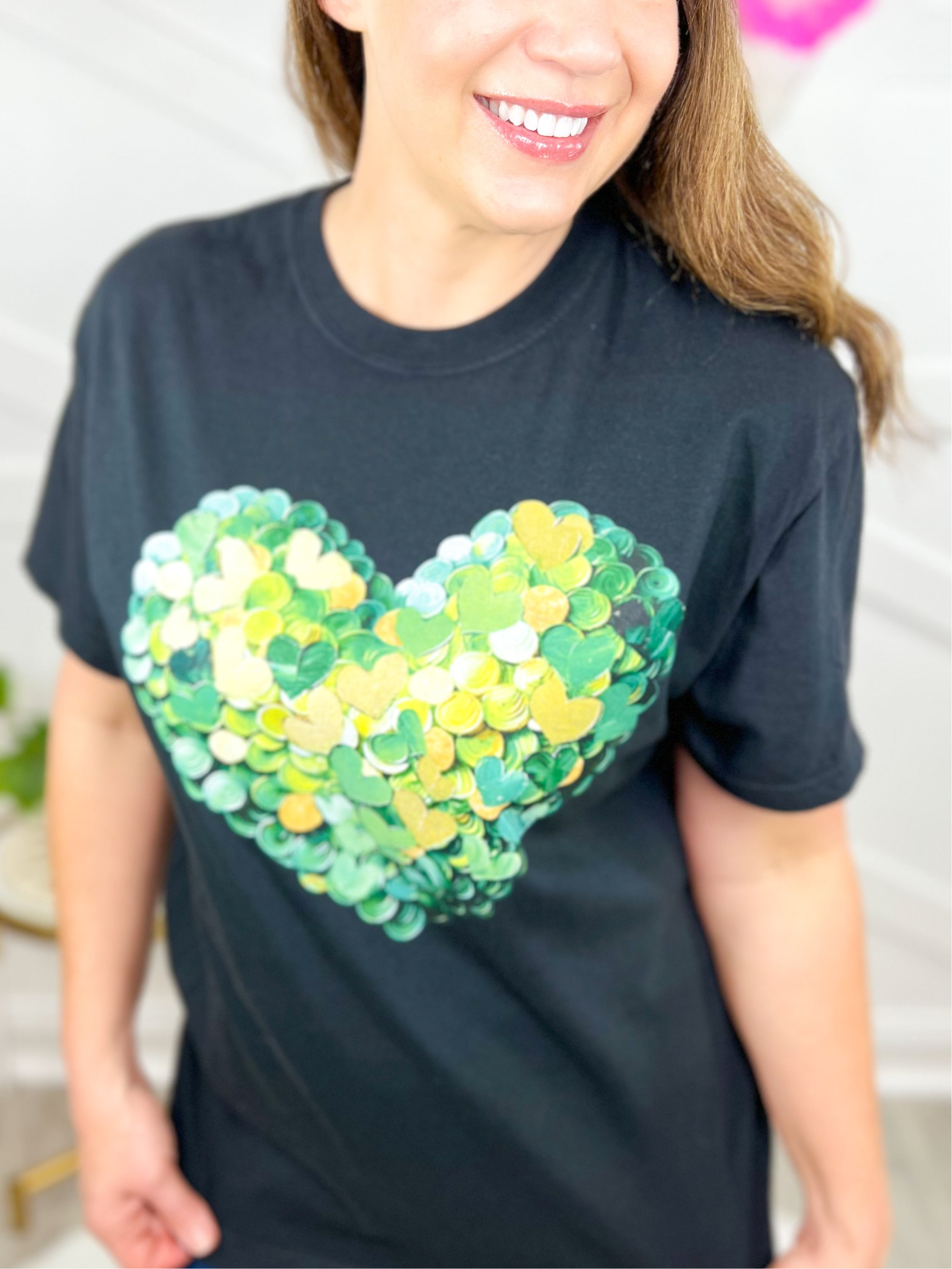 Green Collage Heart Graphic Tee - Black-130 Graphic Tees-Heathered Boho-Heathered Boho Boutique, Women's Fashion and Accessories in Palmetto, FL