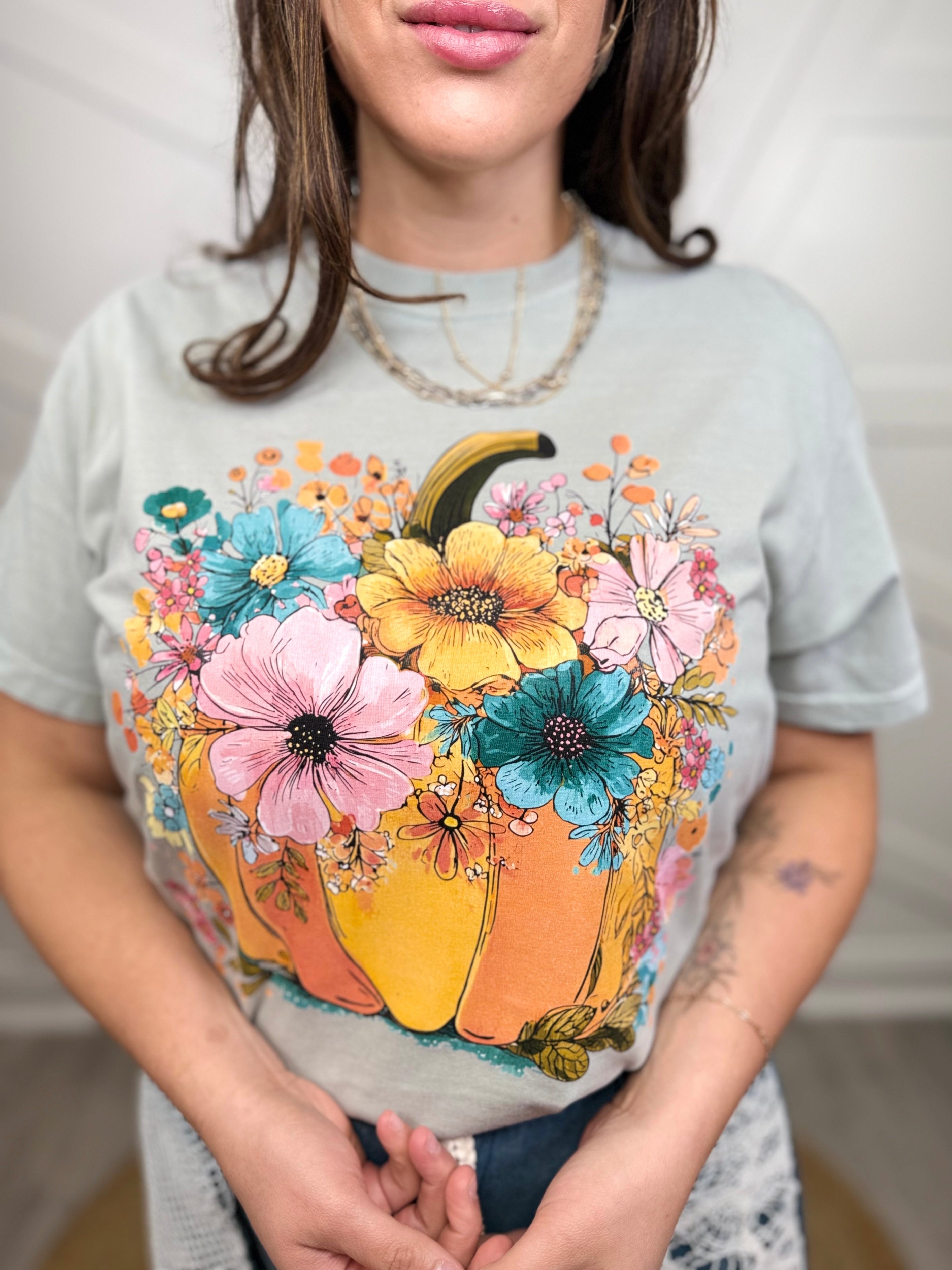 Boho Floral Pumpkin Graphic Tee-130 Graphic Tees-Heathered Boho-Heathered Boho Boutique, Women's Fashion and Accessories in Palmetto, FL