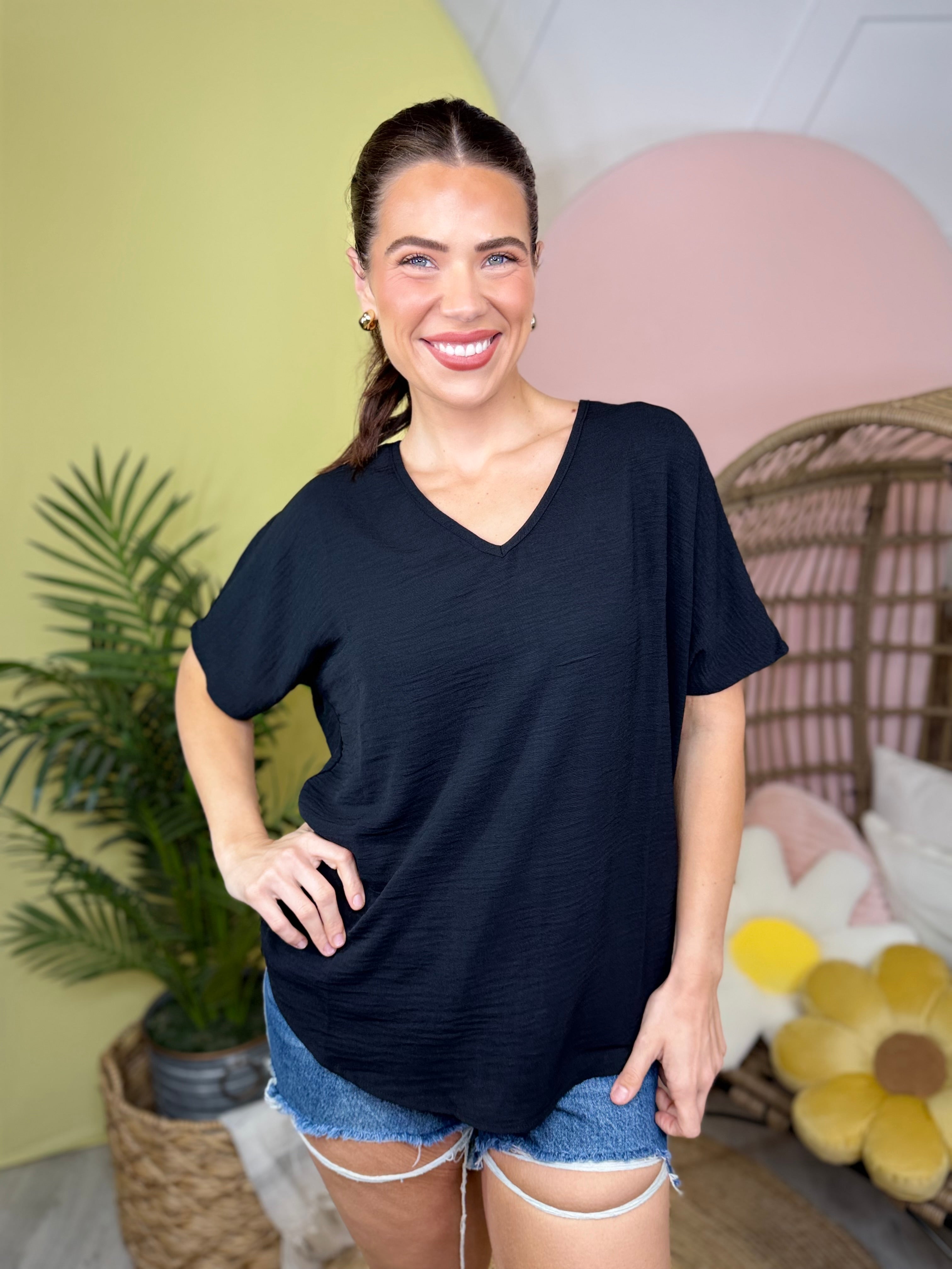 Breezy Days V-Neck Top-110 SHORT SLEEVE TOP-ZENANA-Heathered Boho Boutique, Women's Fashion and Accessories in Palmetto, FL