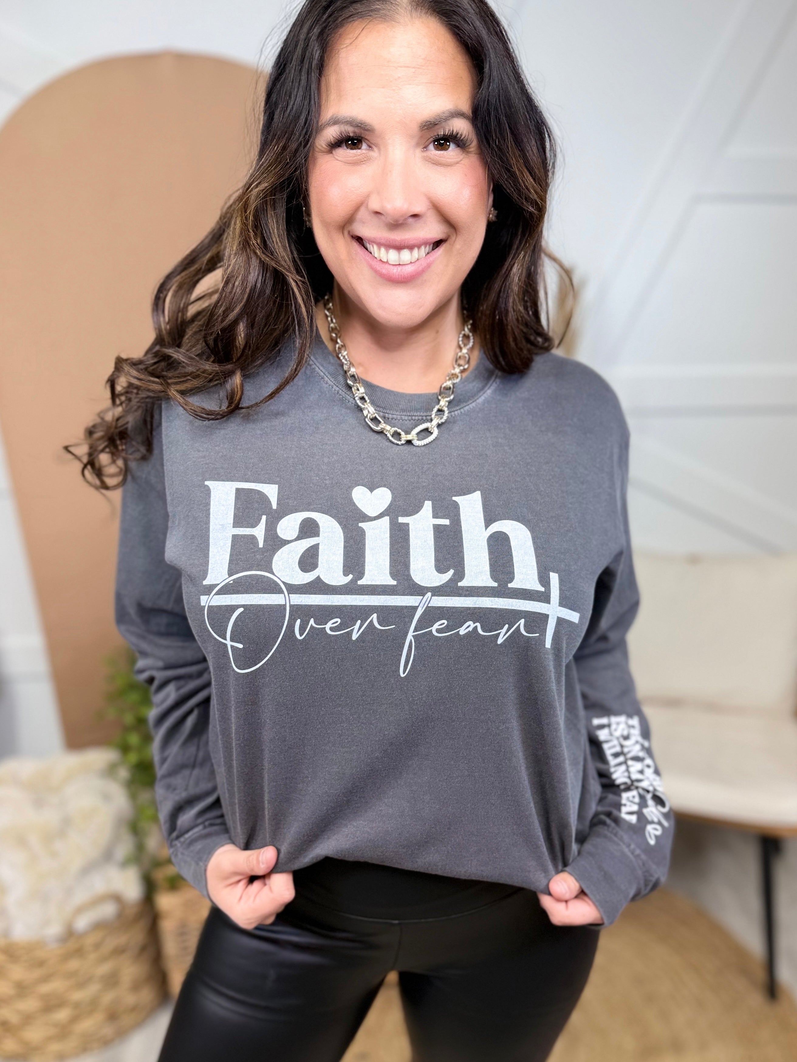 Will Not Fear-White Text-Graphic Long Sleeve-130 Graphic Tees-Heathered Boho-Heathered Boho Boutique, Women's Fashion and Accessories in Palmetto, FL