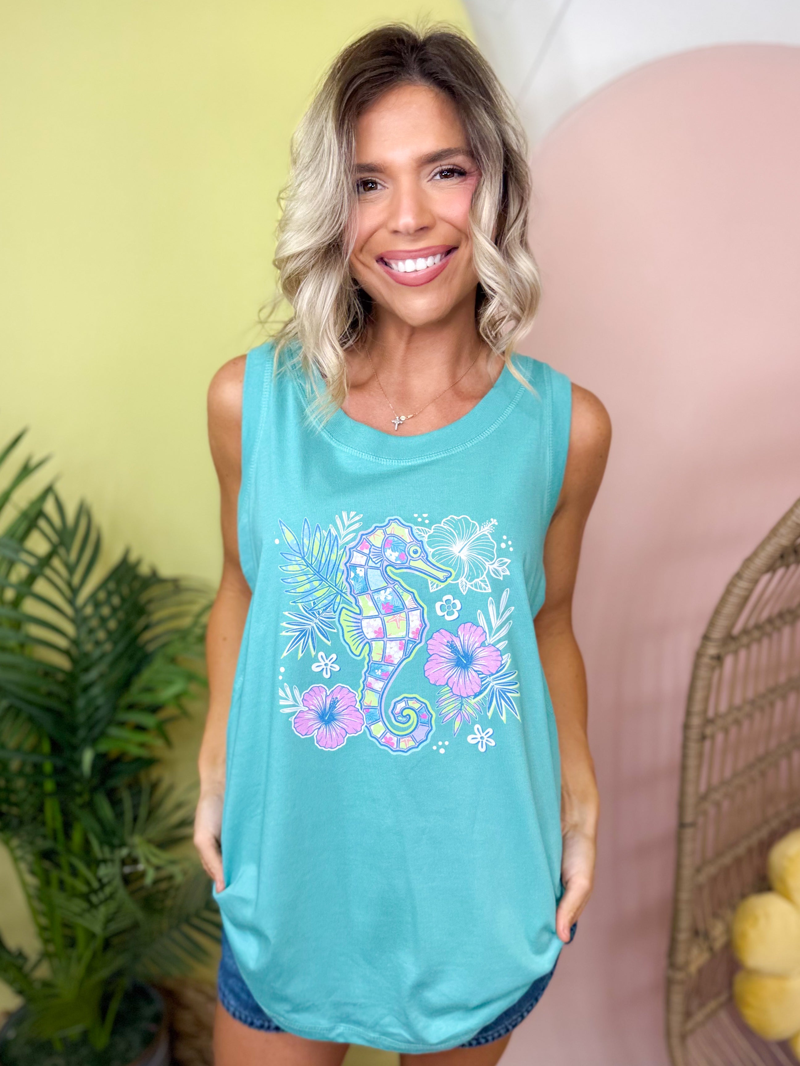 Summer Seahorse Tank Top-130 Graphic Tees-Heathered Boho-Heathered Boho Boutique, Women's Fashion and Accessories in Palmetto, FL