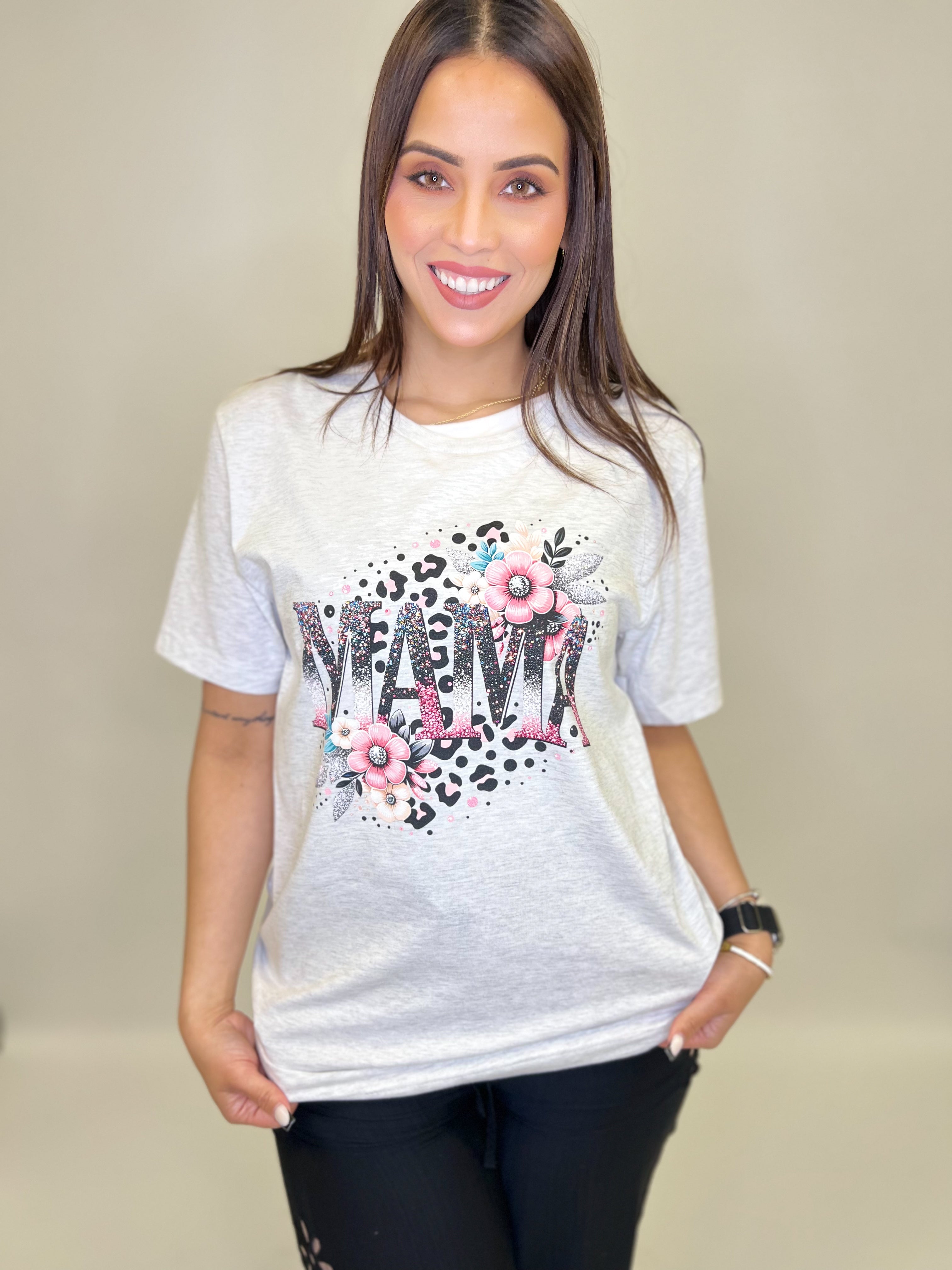 Glitter Pink Mama Graphic Tee-130 Graphic Tees-Heathered Boho-Heathered Boho Boutique, Women's Fashion and Accessories in Palmetto, FL