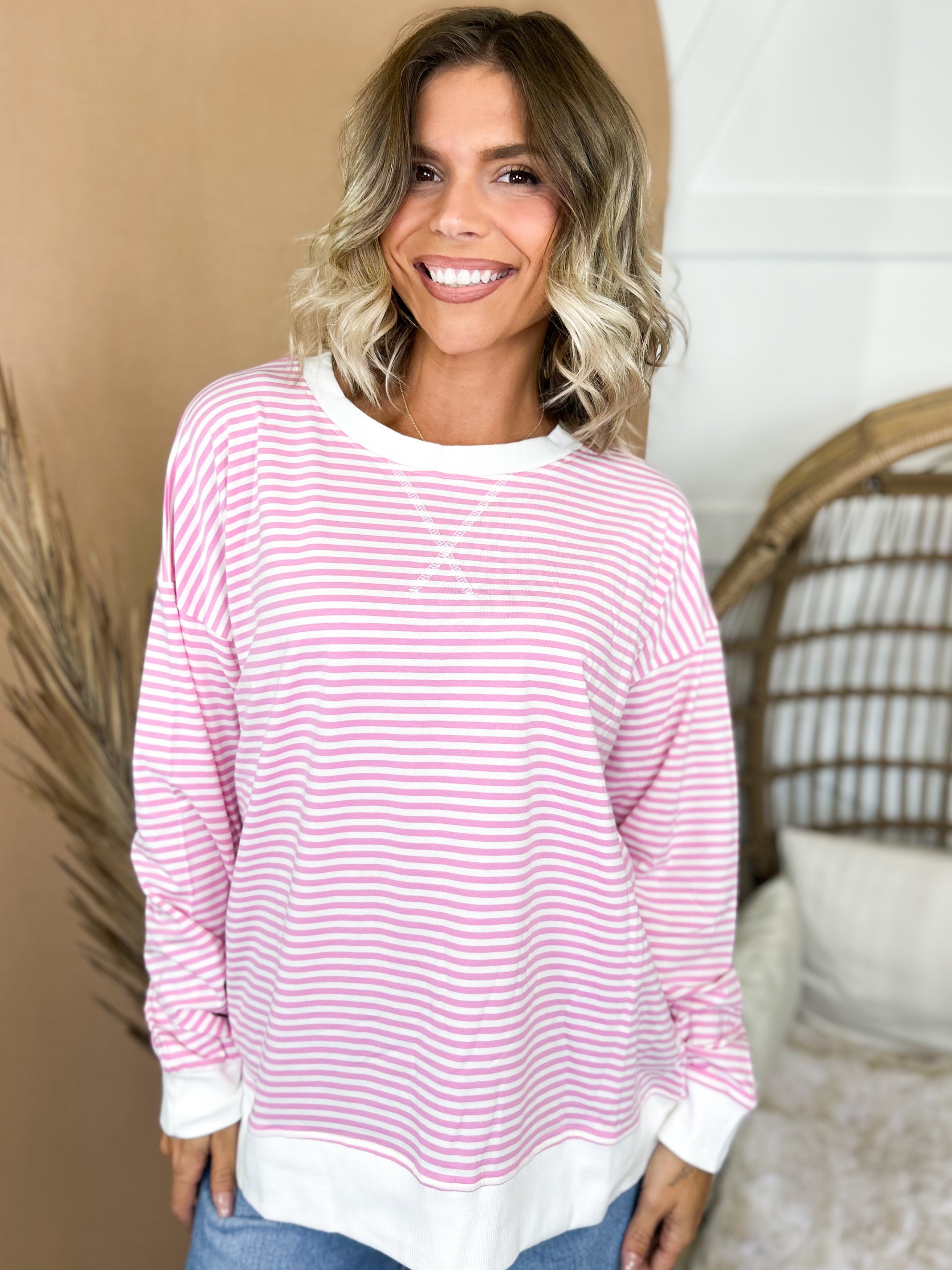 The Weekend Mood Striped Top-120 LONG SLEEVE TOPS-ZENANA-Heathered Boho Boutique, Women's Fashion and Accessories in Palmetto, FL