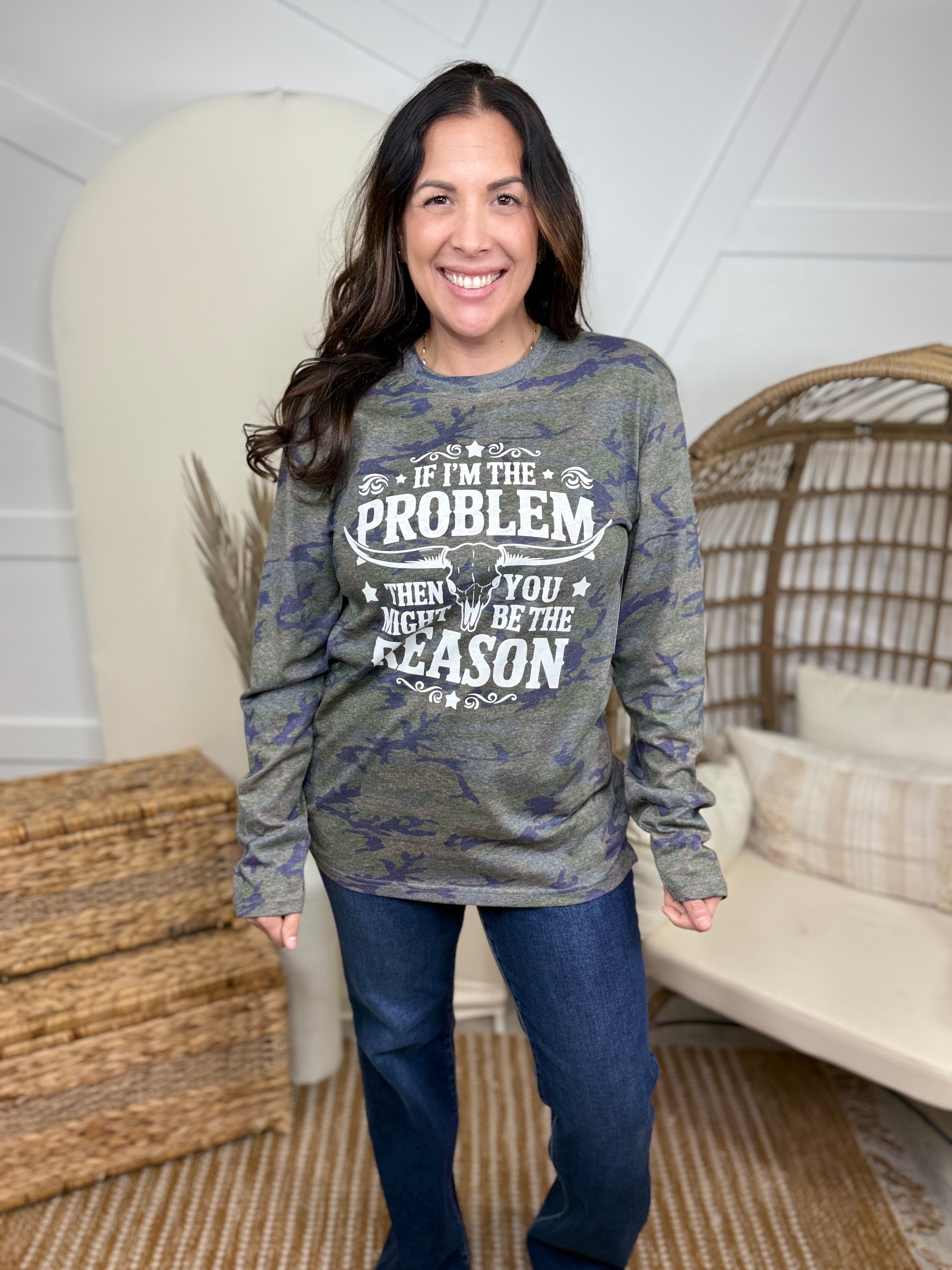 If I'm The Problem Graphic Long Sleeve-130 Graphic Tees-Heathered Boho-Heathered Boho Boutique, Women's Fashion and Accessories in Palmetto, FL