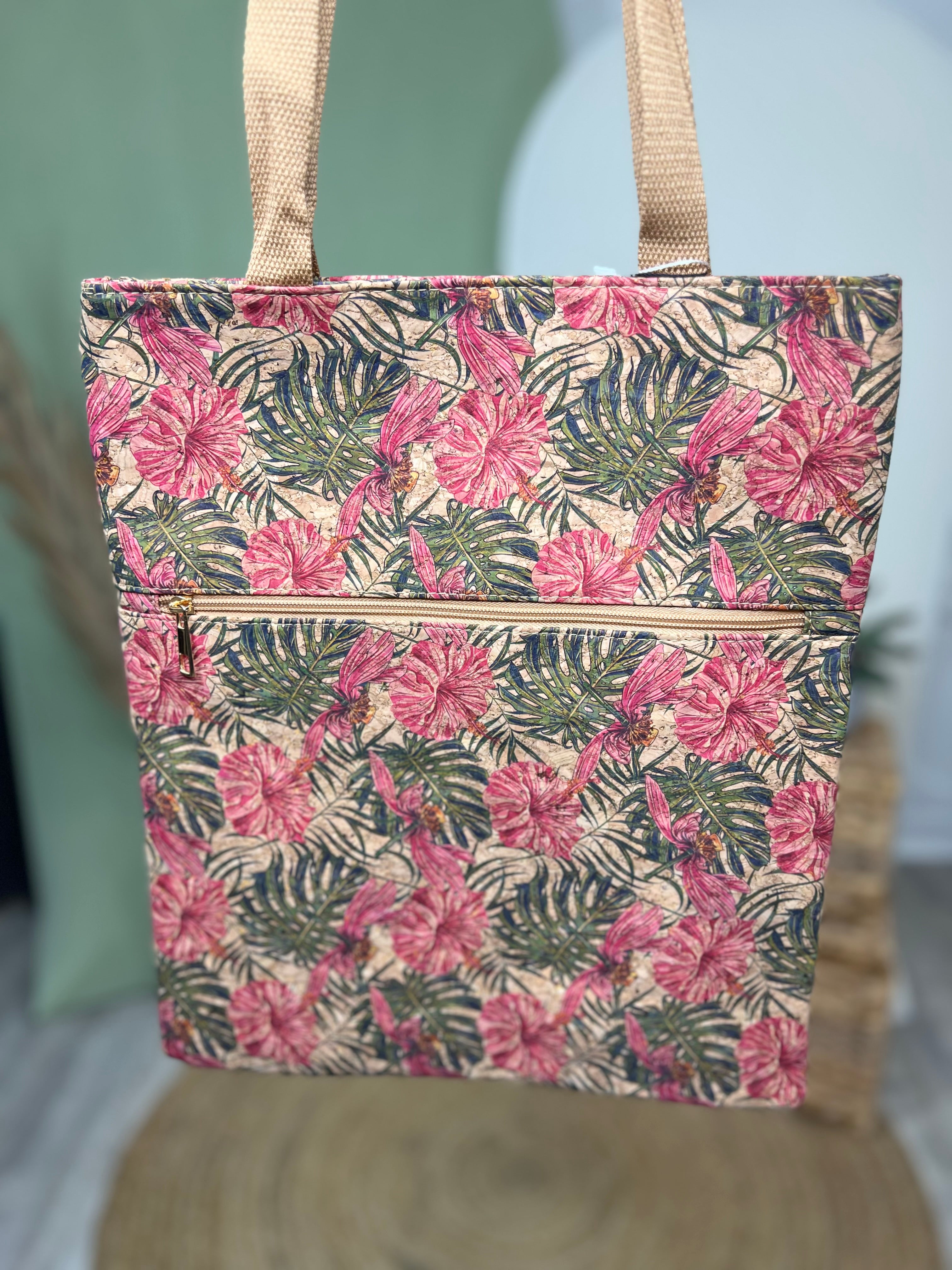 Tropical Print Cork Tote Bag-320 Bags-Clovered Accessories-Heathered Boho Boutique, Women's Fashion and Accessories in Palmetto, FL