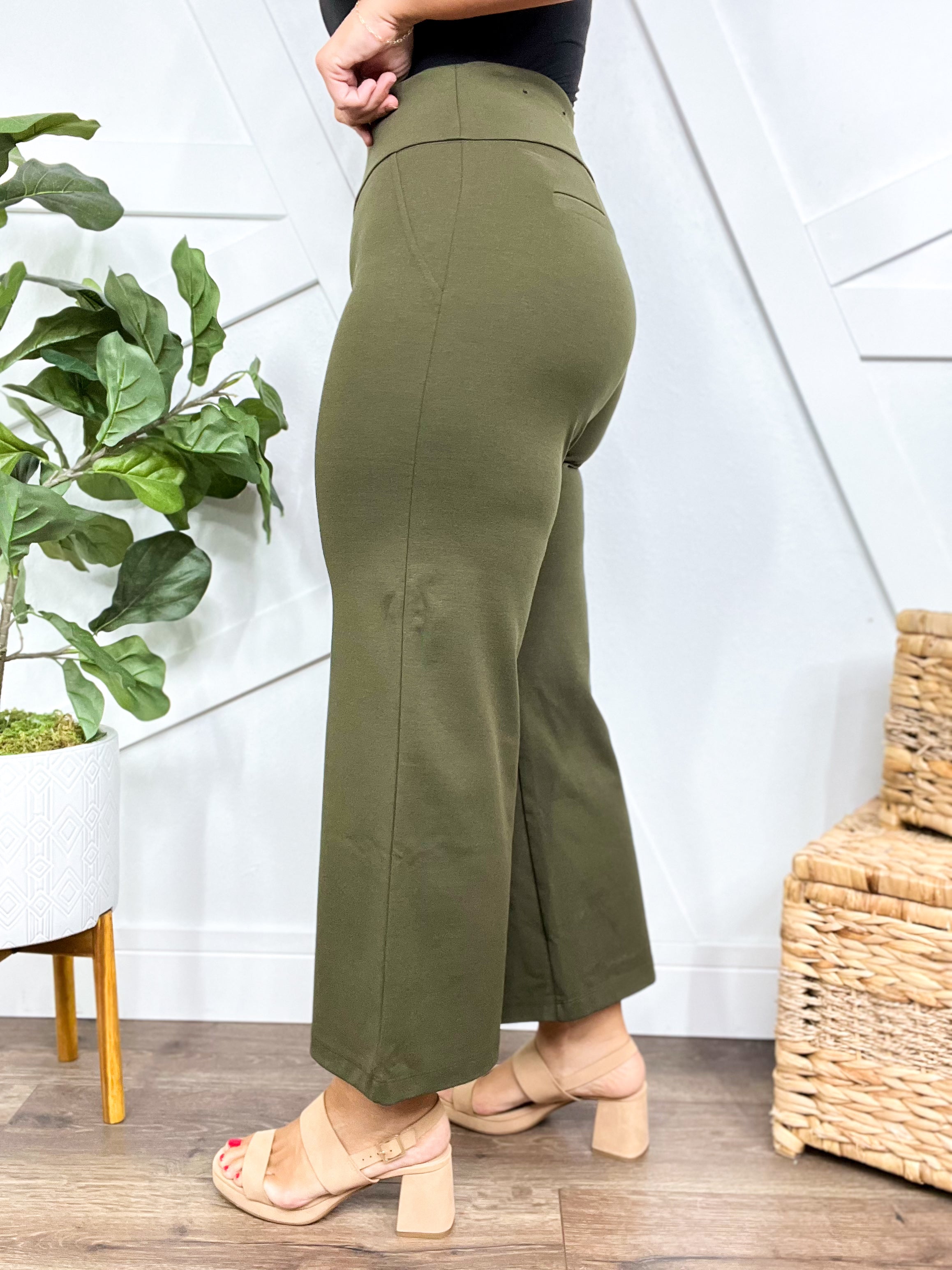 Office Day Trip Wide Leg Cropped Pants- Olive-150 PANTS-DEAR SCARLETT-Heathered Boho Boutique, Women's Fashion and Accessories in Palmetto, FL