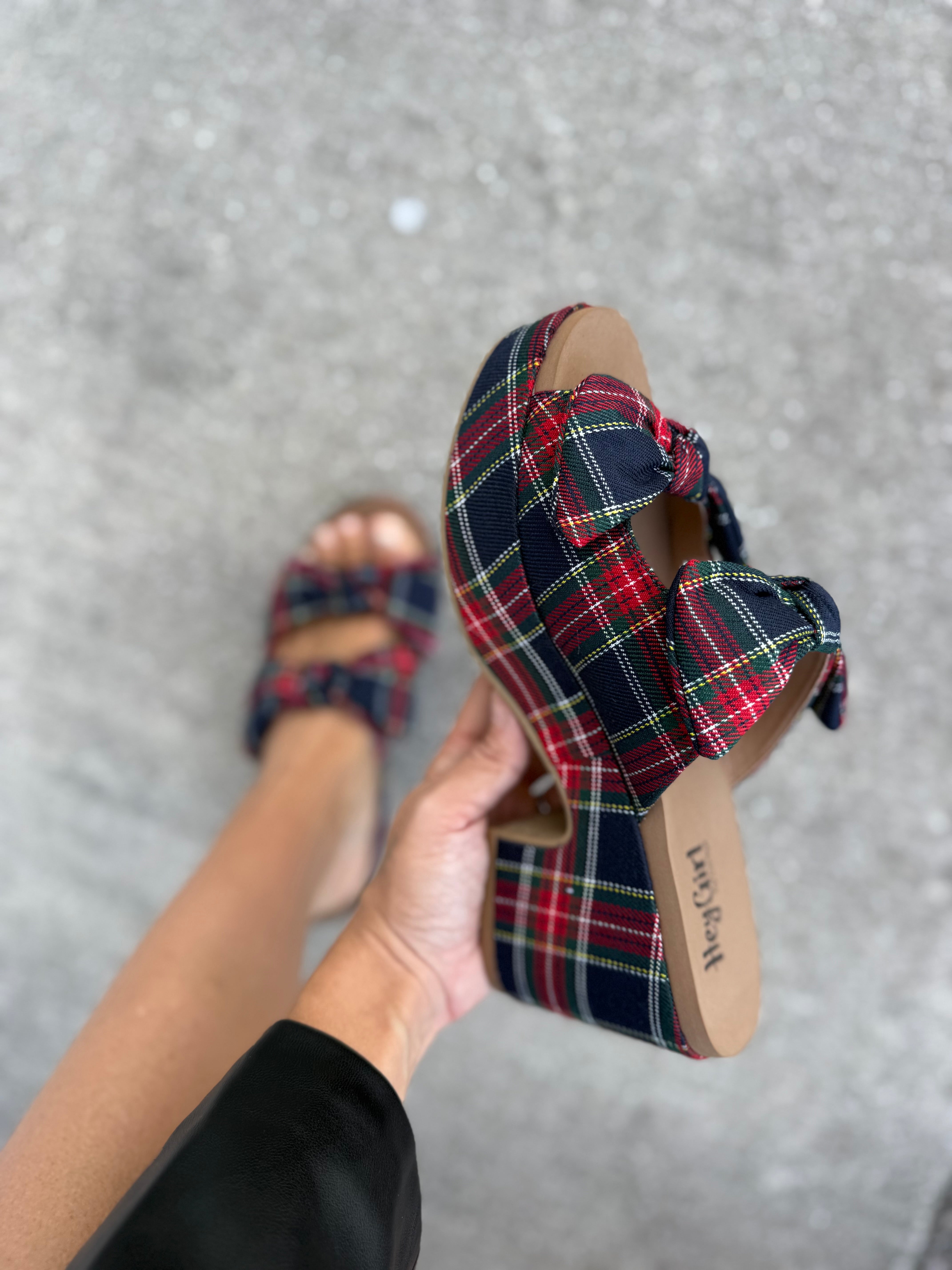 Put a Bow On It Wedges - Navy Plaid-350 SHOES-Corkys-Heathered Boho Boutique, Women's Fashion and Accessories in Palmetto, FL