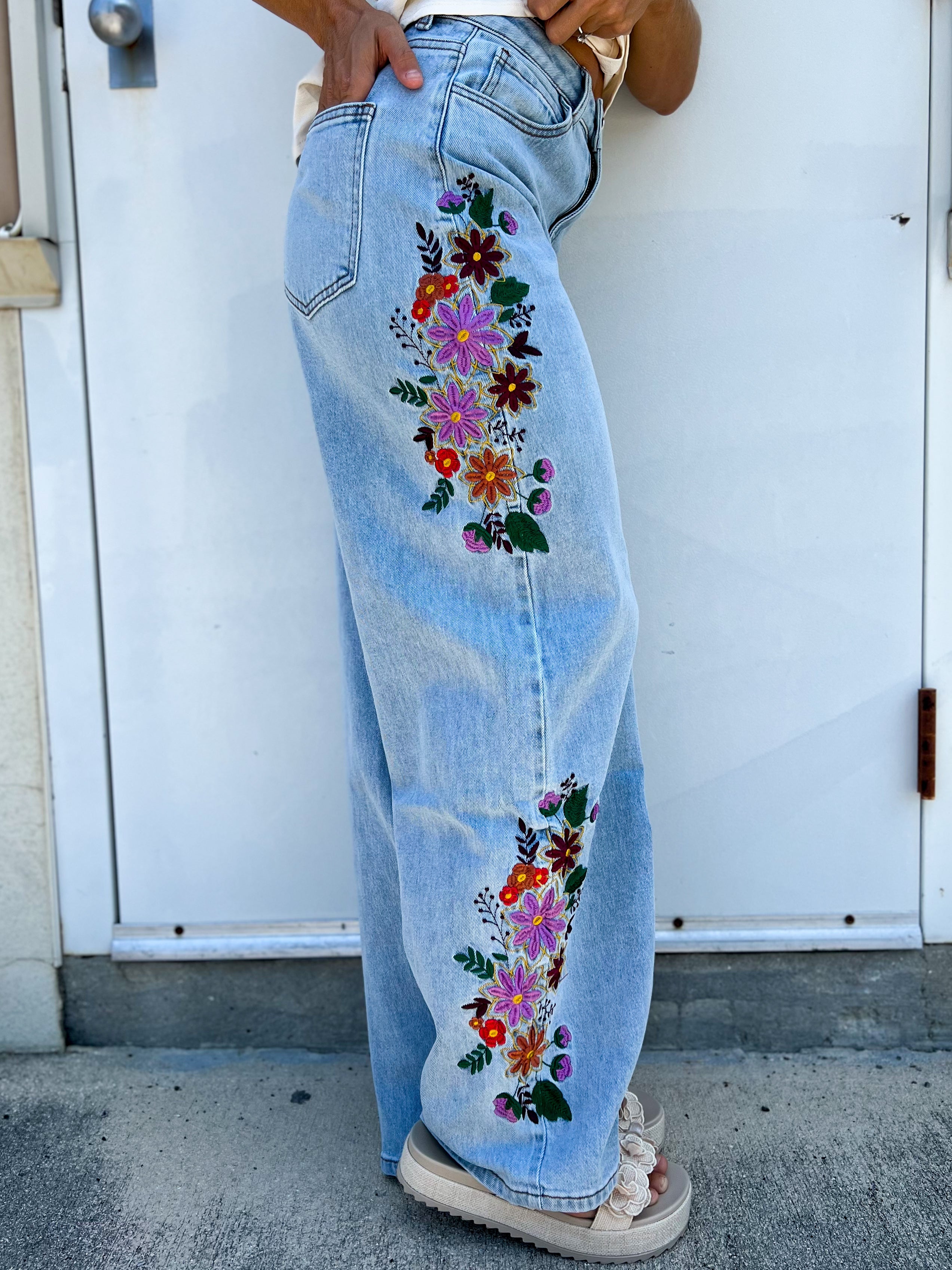 Restock - 2nd CUT- EVIE FLORAL EMBROIDERED JEANS-190 JEANS-BLAKELEY-Heathered Boho Boutique, Women's Fashion and Accessories in Palmetto, FL