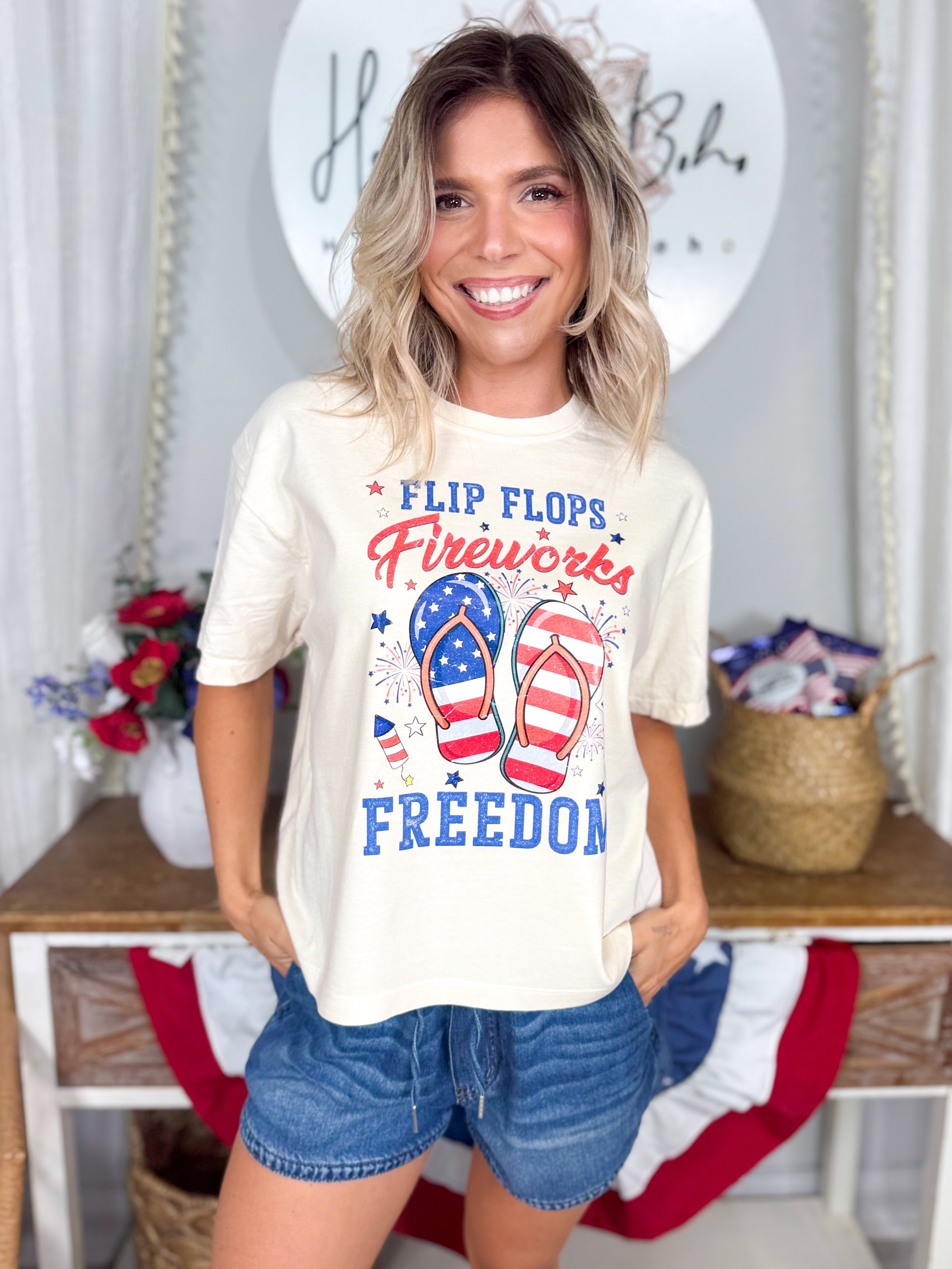 Flip Flop Freedom Boxy Graphic Tee-130 Graphic Tees-Heathered Boho-Heathered Boho Boutique, Women's Fashion and Accessories in Palmetto, FL